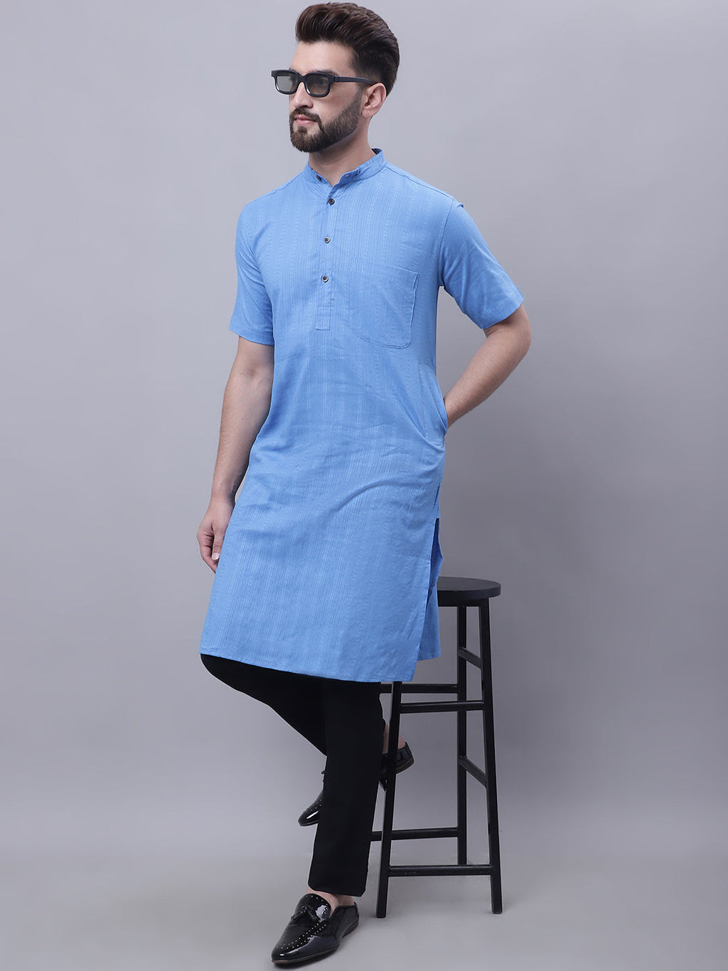 Even Apparels Blue Pure Cotton Short Sleeves Kurta With Band Collar