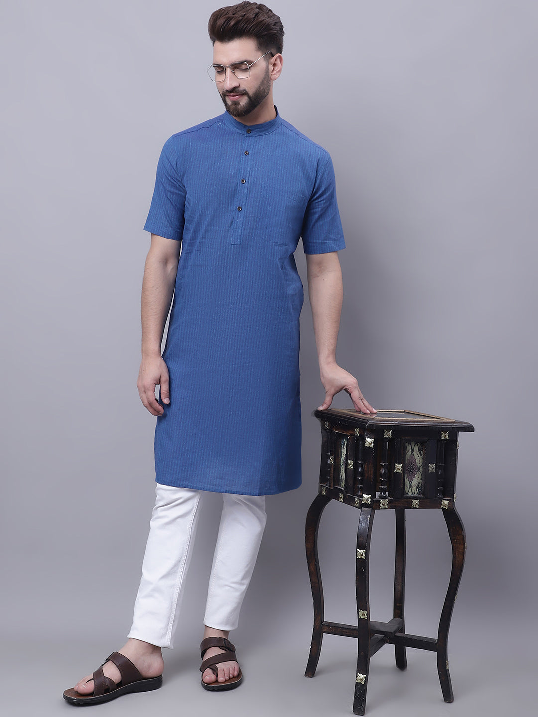 Even Apparels Blue Pure Cotton Short Sleeves Kurta With Band Collar