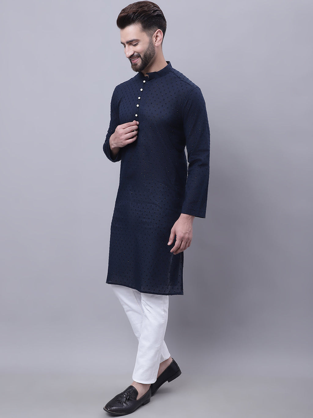 Even Apparels Blue Pure Cotton Kurta With Band Collar