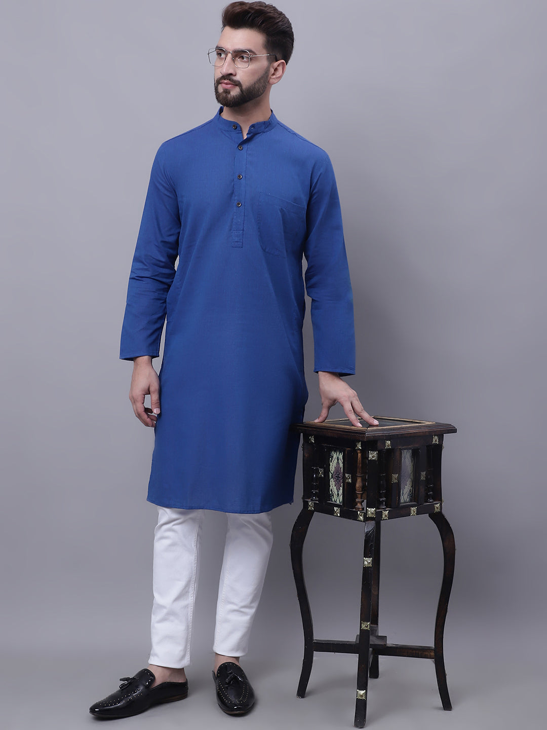 Even Apparels Blue Pure Cotton Kurta With Band Collar