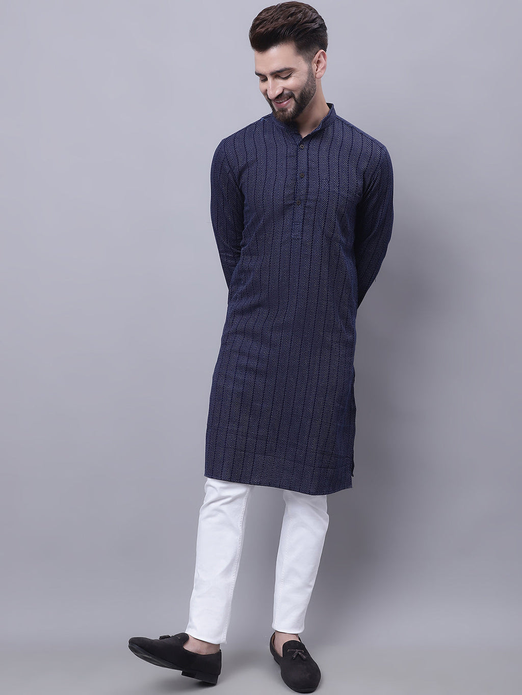 Even Apparels Blue Pure Cotton Kurta With Band Collar