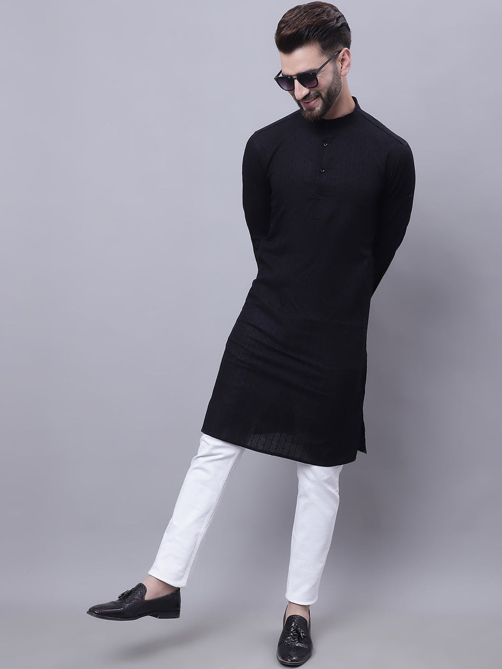 Even Apparels Black Pure Cotton Kurta With Band Collar