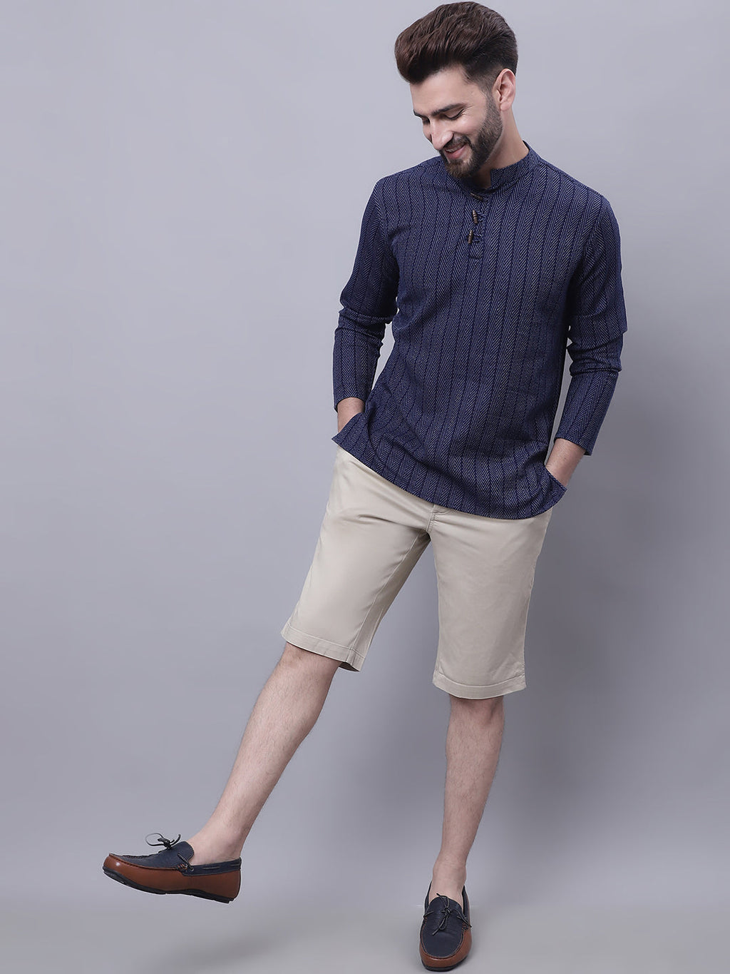 Indian Clothing Even Apparels Blue Pure Cotton Short Kurta With Band Collar