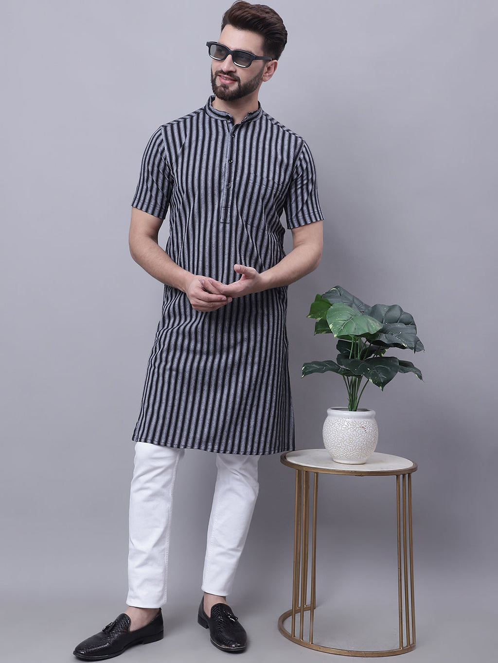 Even Apparels Multi Pure Cotton Short Sleeves Kurta With Band Collar