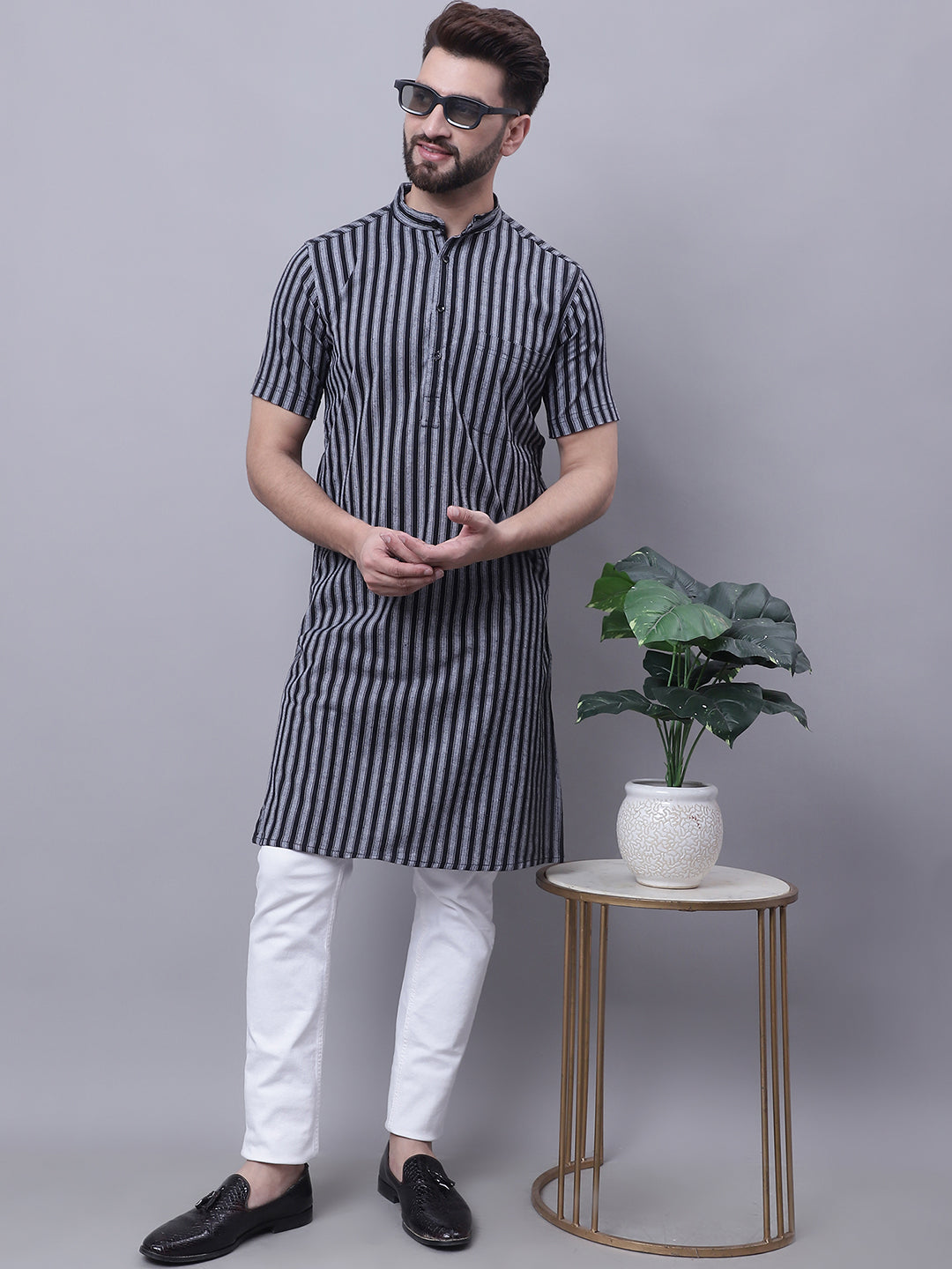 Even Apparels Multi Pure Cotton Short Sleeves Kurta With Band Collar