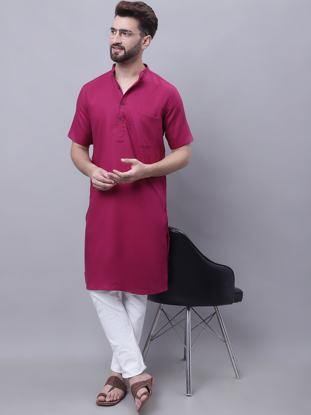 Even Apparels Maroon Pure Cotton Short Sleeves Kurta With Band Collar