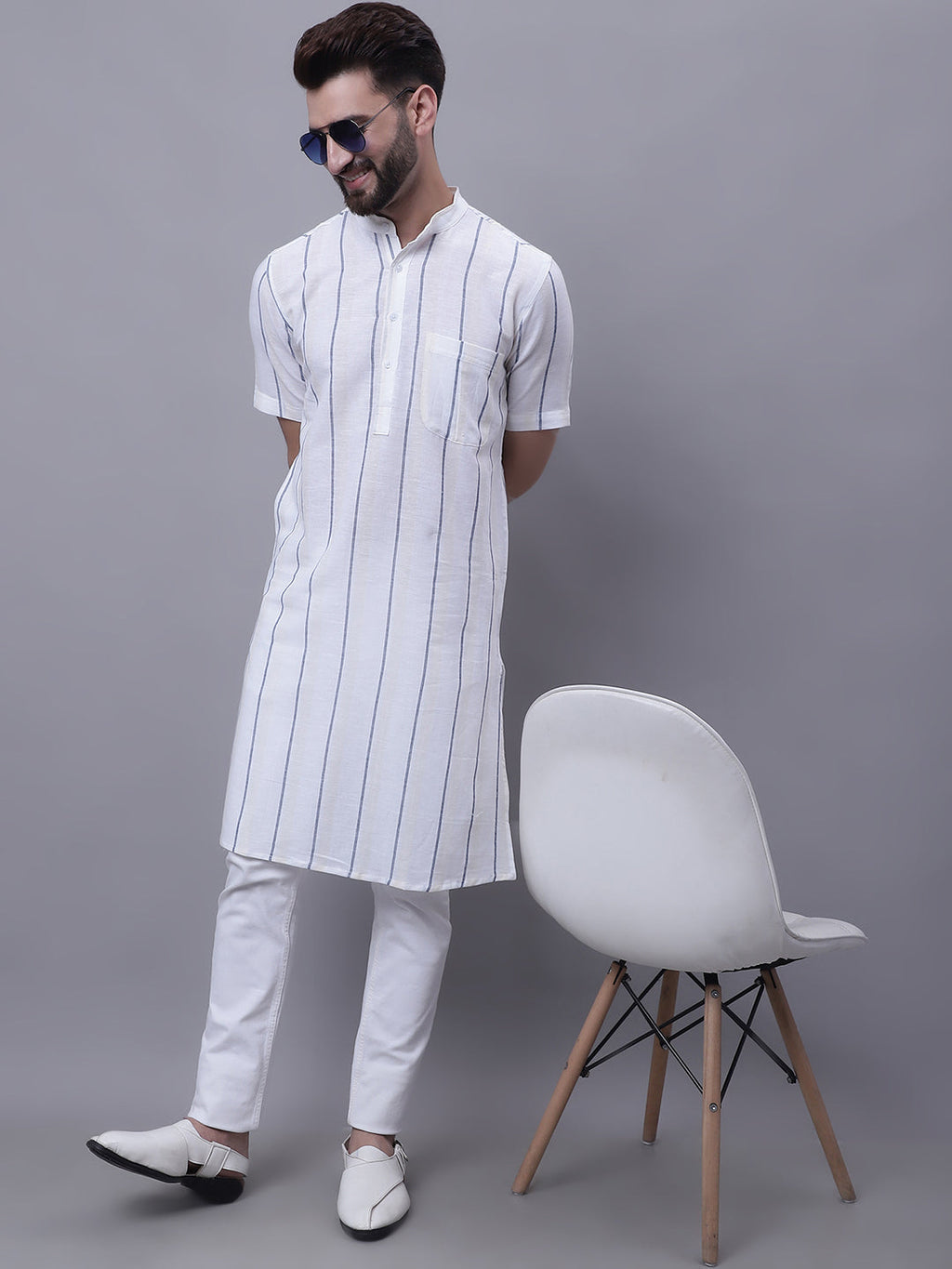 Even Apparels Cream Pure Cotton Short Sleeves Kurta With Band Collar