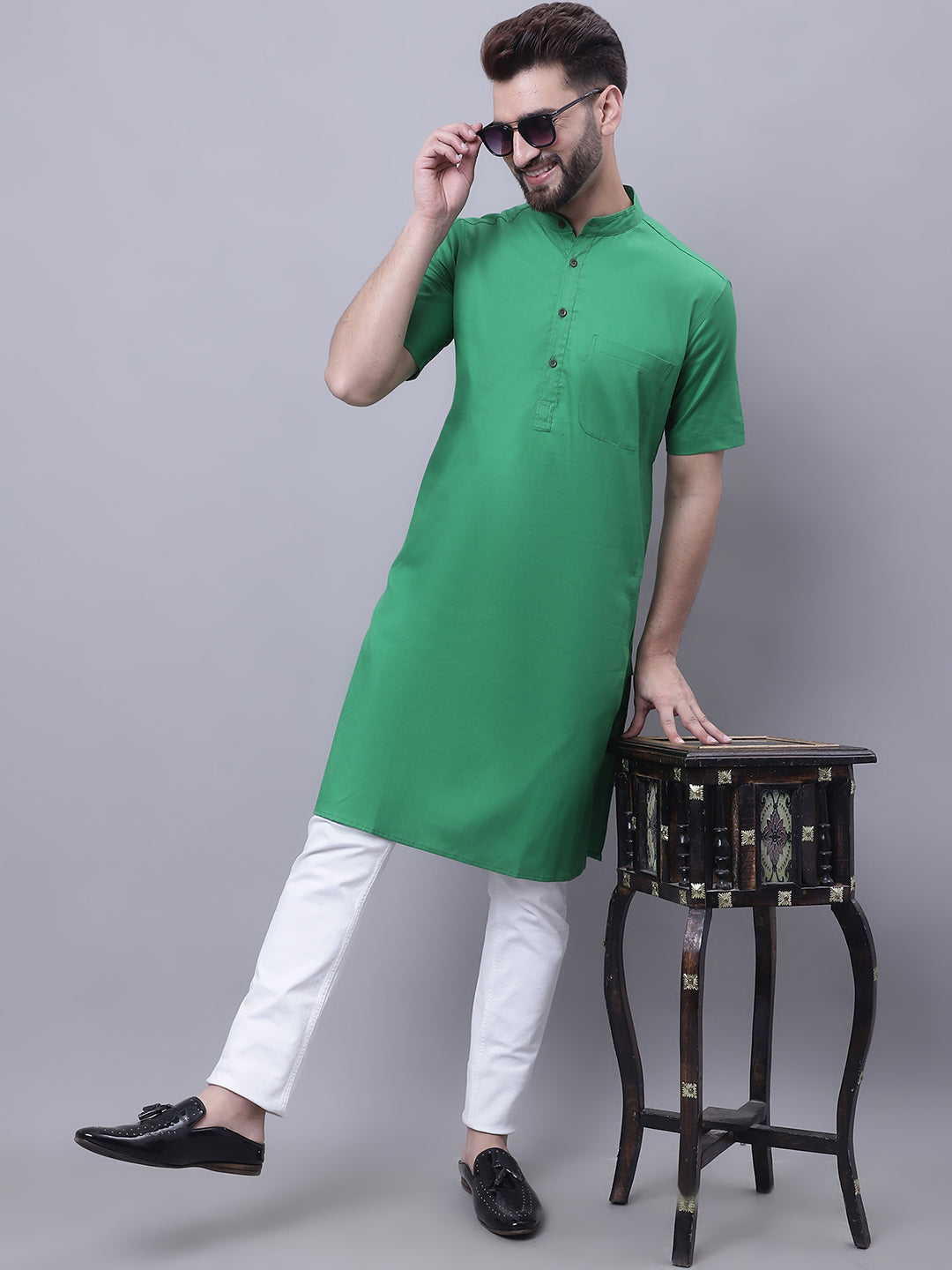 Even Apparels Green Pure Cotton Short Sleeves Kurta With Band Collar