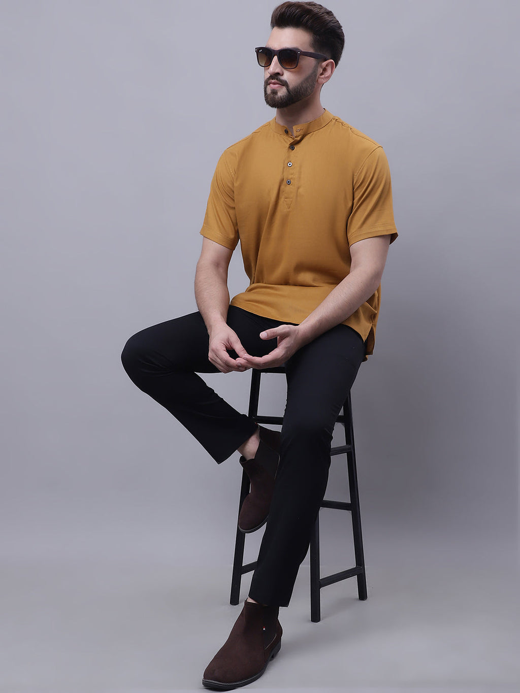 Even Apparels Brown Pure Cotton Short Kurta With Band Collar