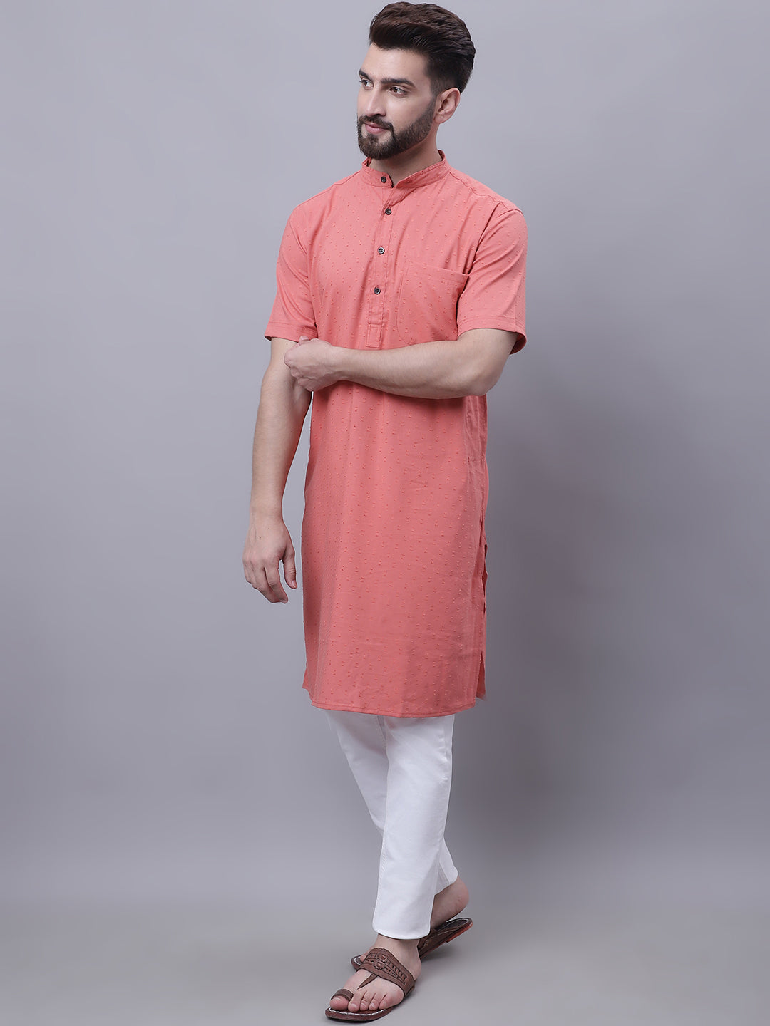 Even Apparels Peach Pure Cotton Short Sleeves Kurta With Band Collar