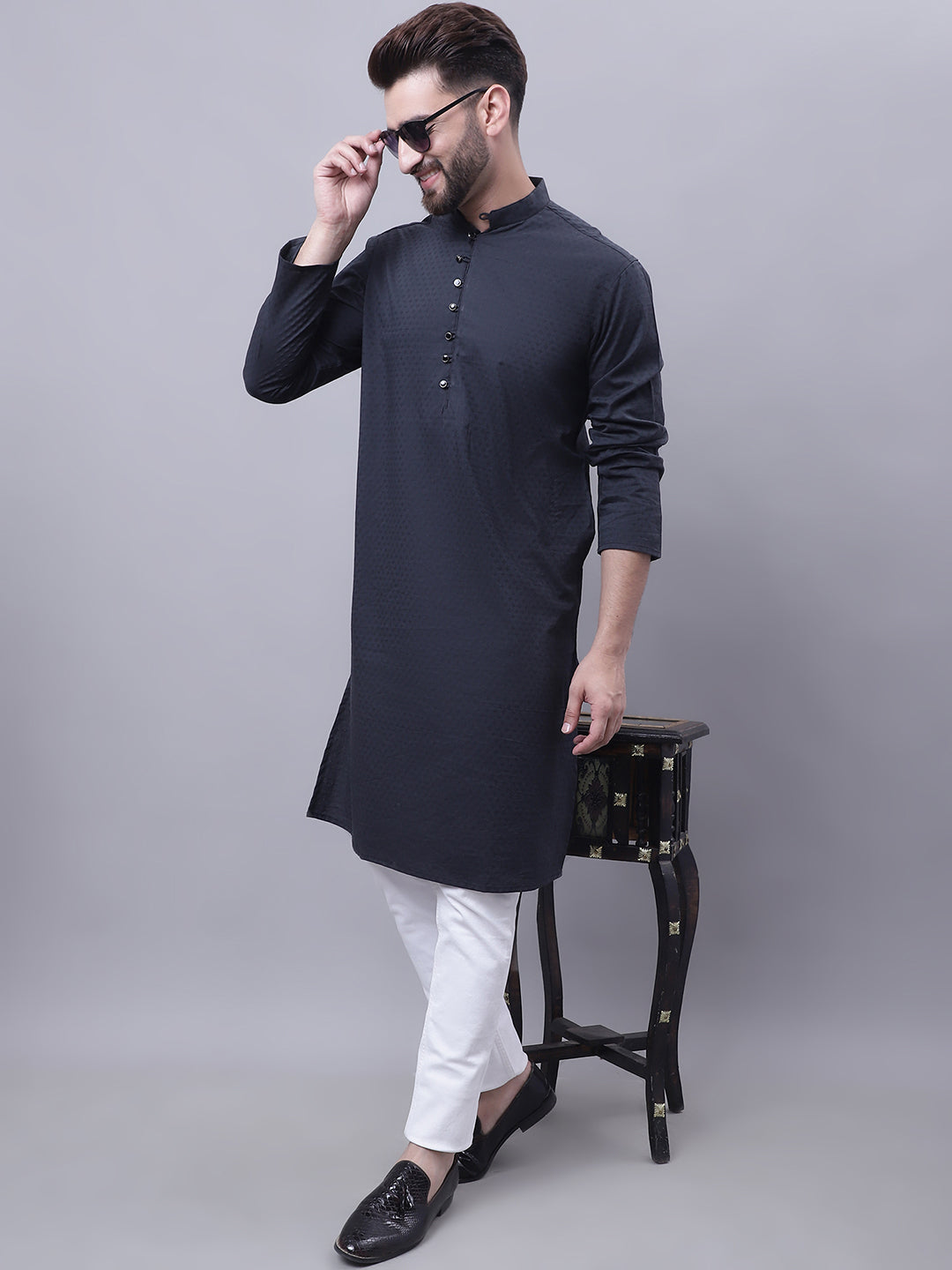 Even Apparels Black Pure Cotton Kurta With Band Collar