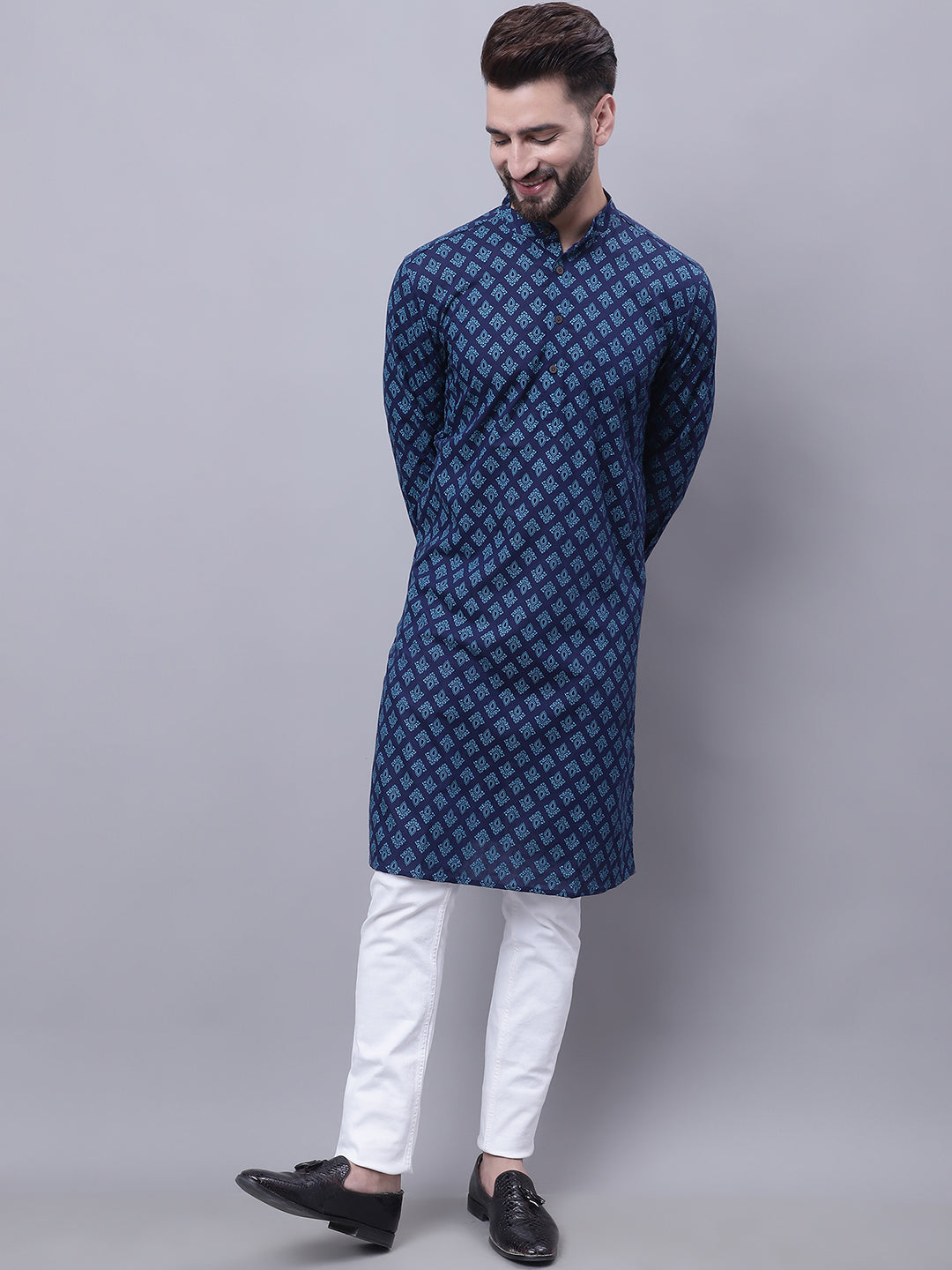 Even Apparels Blue Pure Cotton Kurta With Band Collar