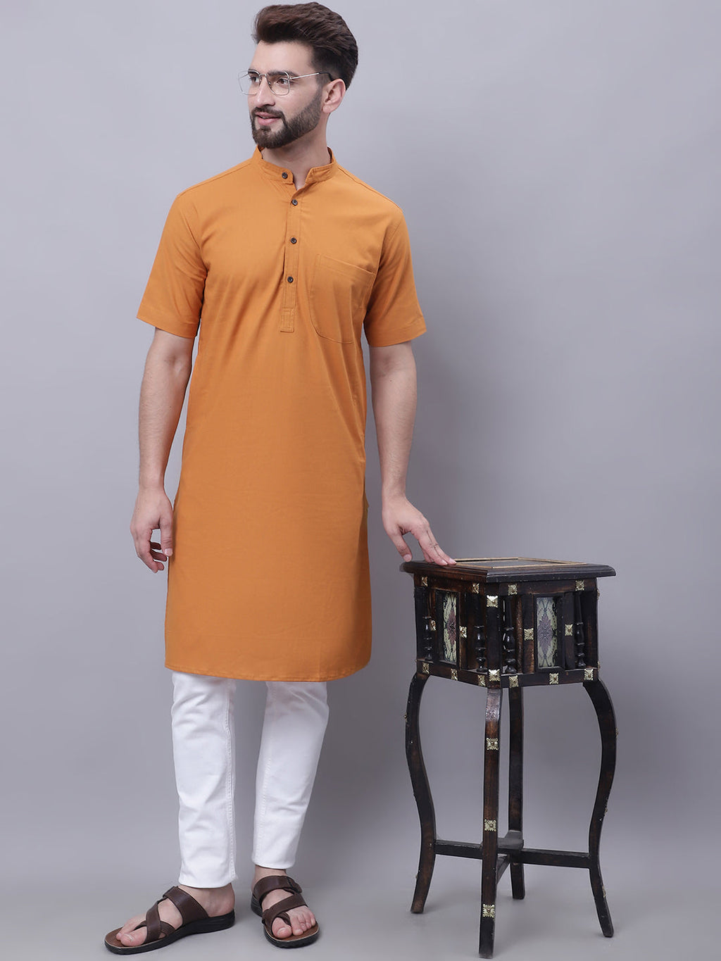 Even Apparels Yellow Pure Cotton Short Sleeves Kurta With Band Collar