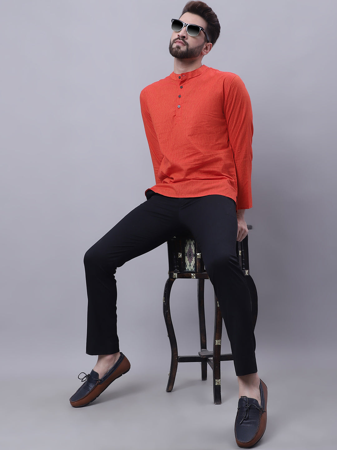 Even Apparels Orange Pure Cotton Short Kurta With Band Collar
