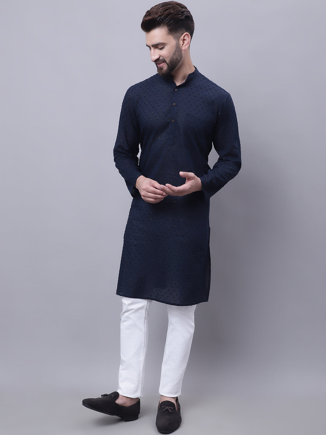 Even Apparels Blue Pure Cotton Kurta With Band Collar