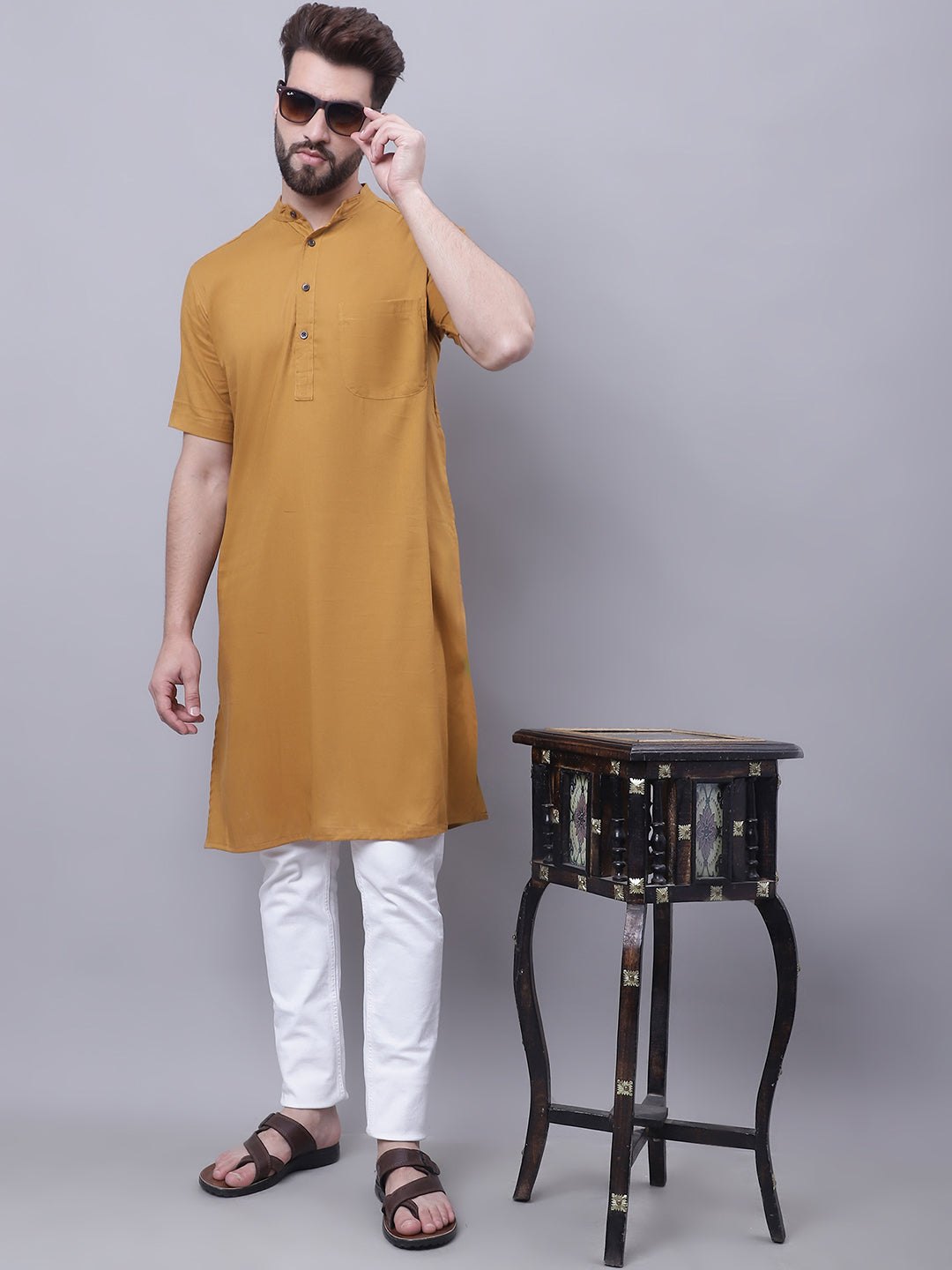 Even Apparels Mustard Pure Cotton Short Sleeves Kurta With Band Collar