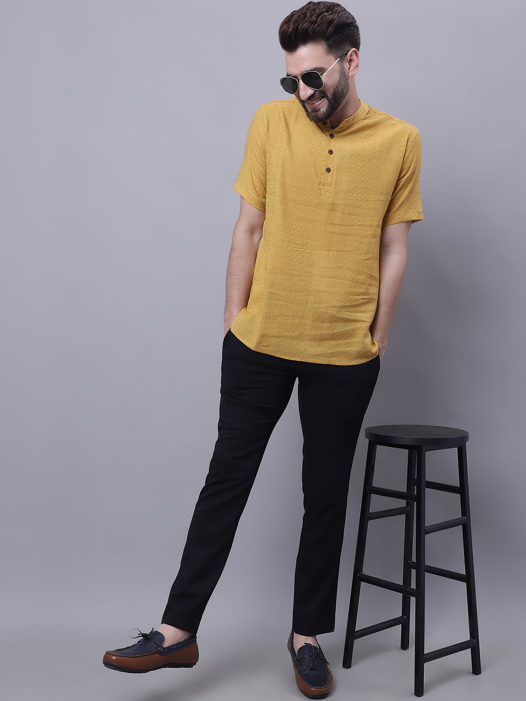 Even Apparels Yellow Pure Cotton Short Sleeves Kurta With Band Collar