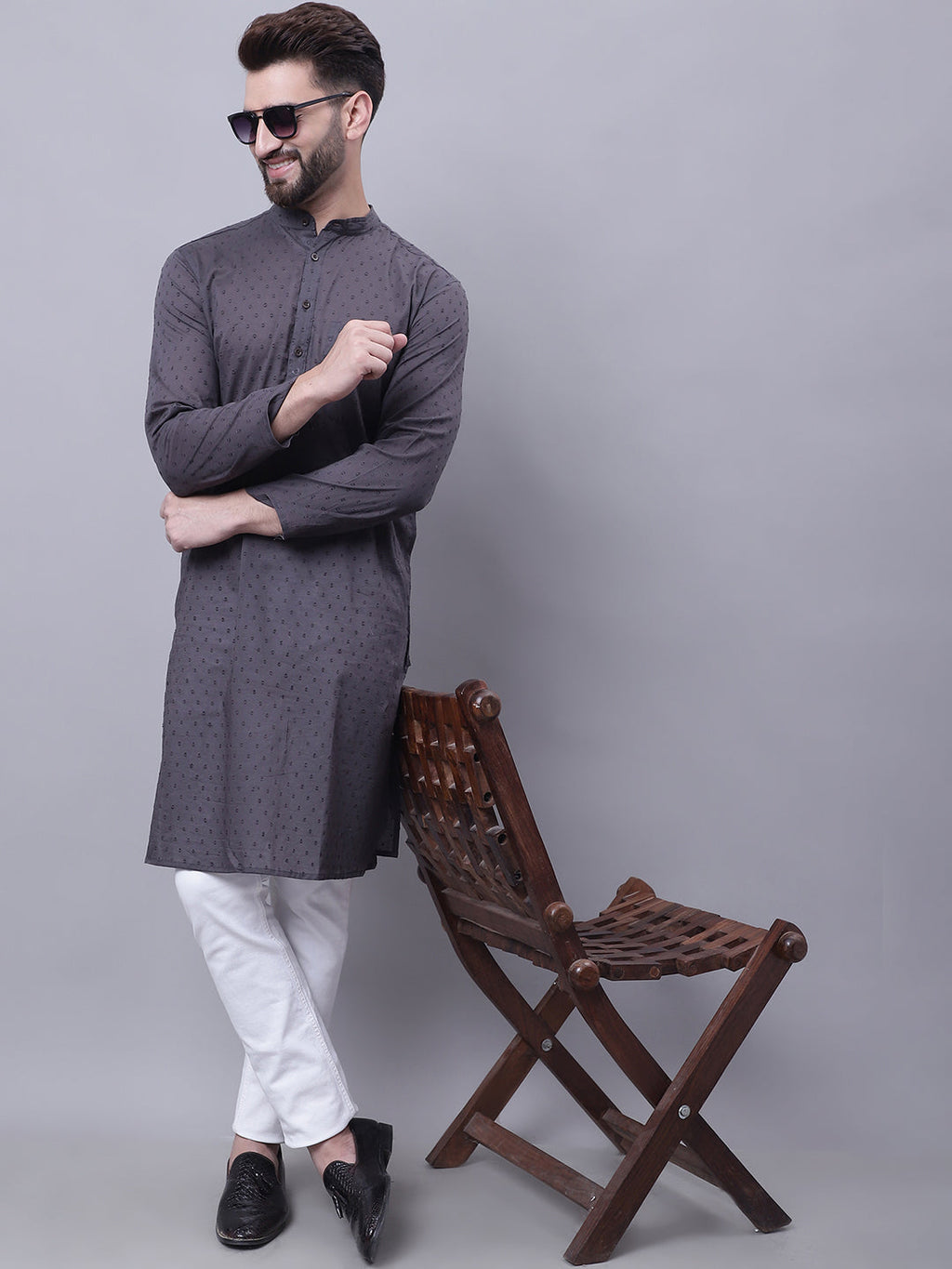 Even Apparels Grey Pure Cotton Kurta With Band Collar