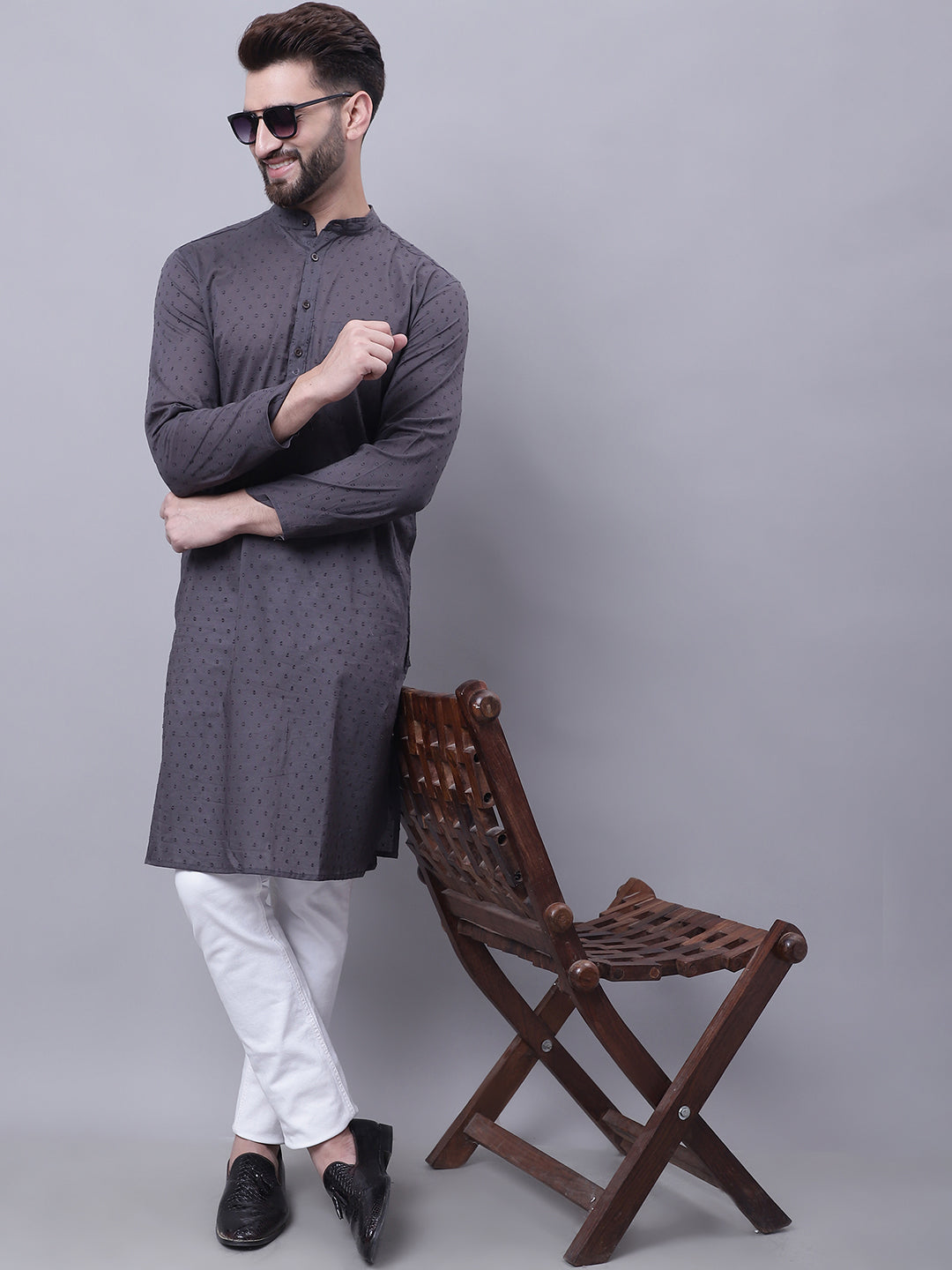 Even Apparels Grey Pure Cotton Kurta With Band Collar