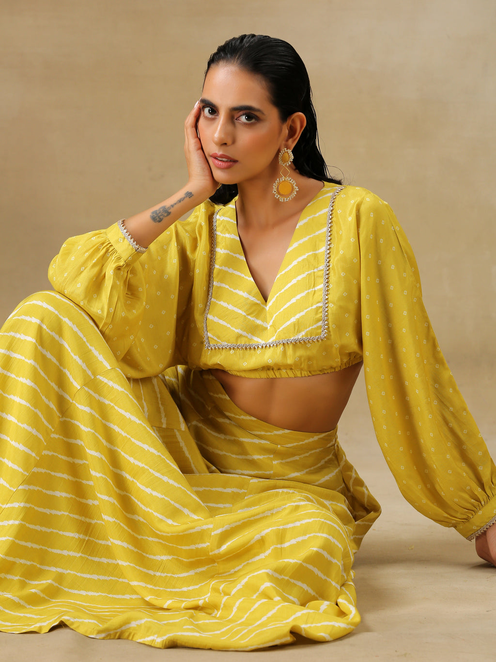 trueBrowns Lime Green Bandhani Printed Silk Top Skirt Set