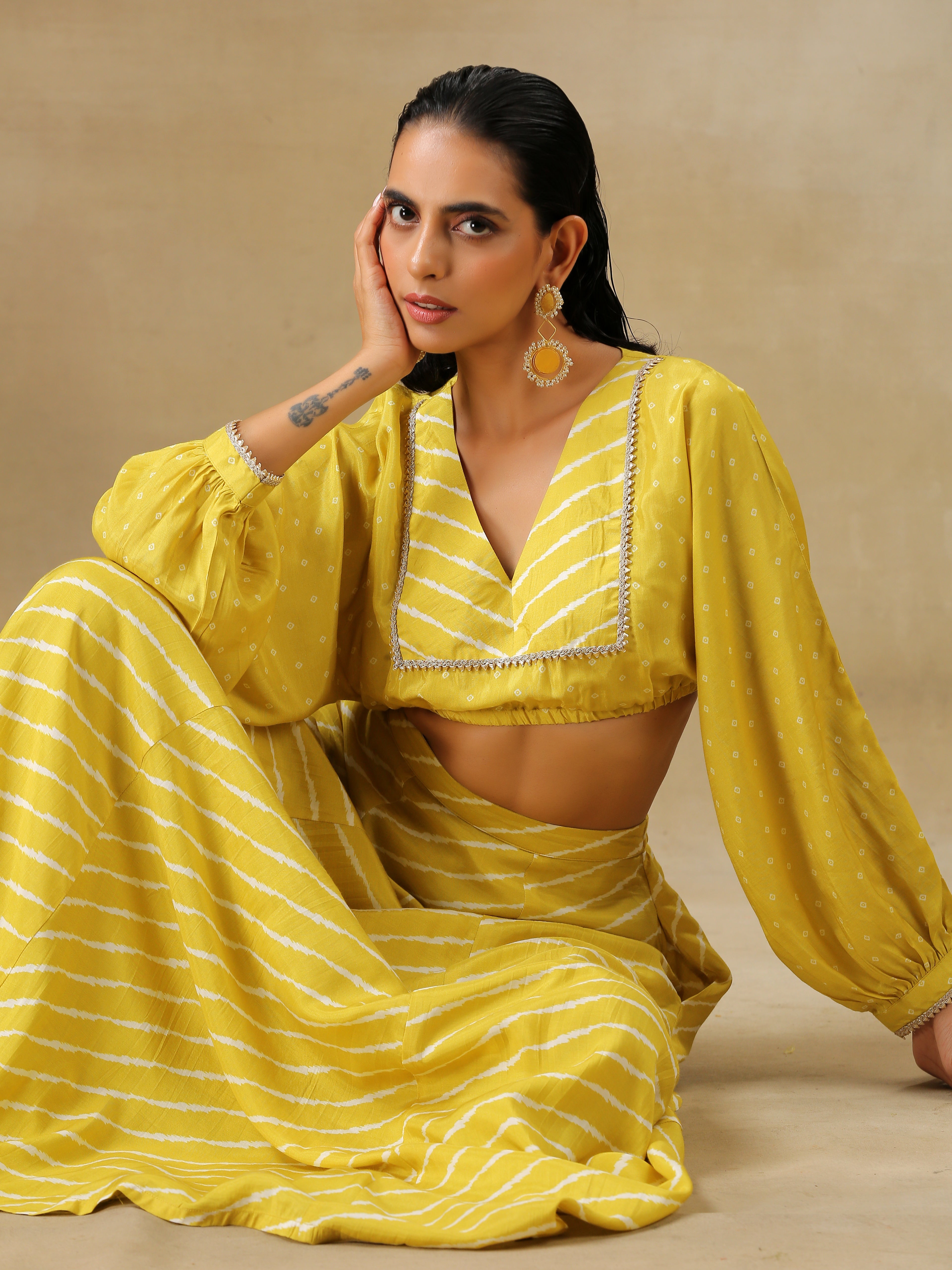 trueBrowns Lime Green Bandhani Printed Silk Top Skirt Set