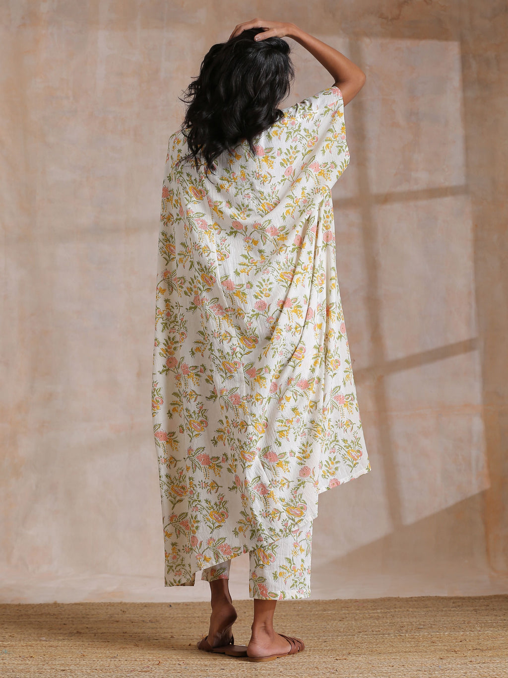 trueBrowns Pink Yellow Floral On White Block Print Cotton Panel Kaftan Kurta Pant Set