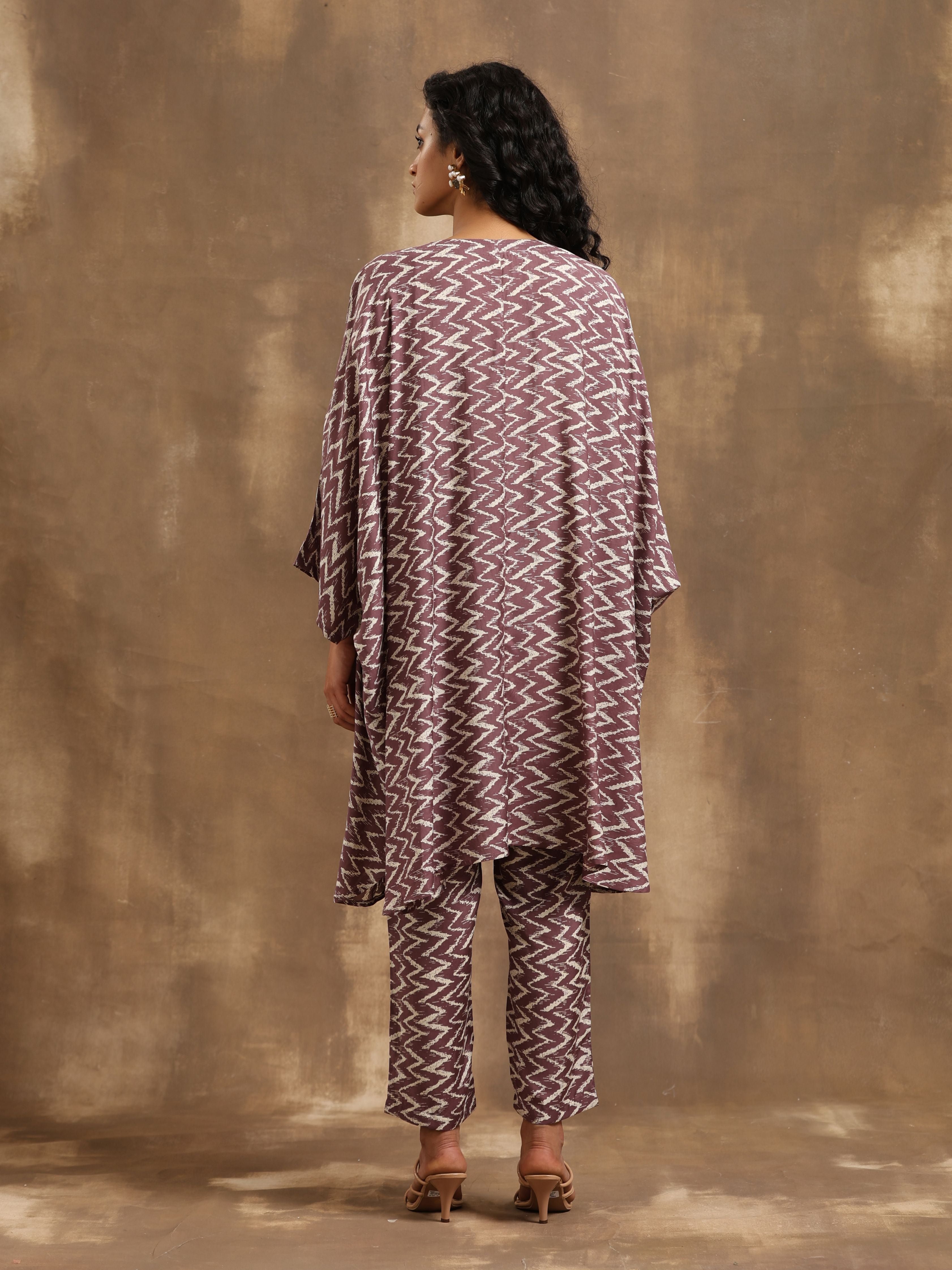 trueBrowns Dark Mauve Zig Zag Printed Silk Kaftan Co-Ord Set