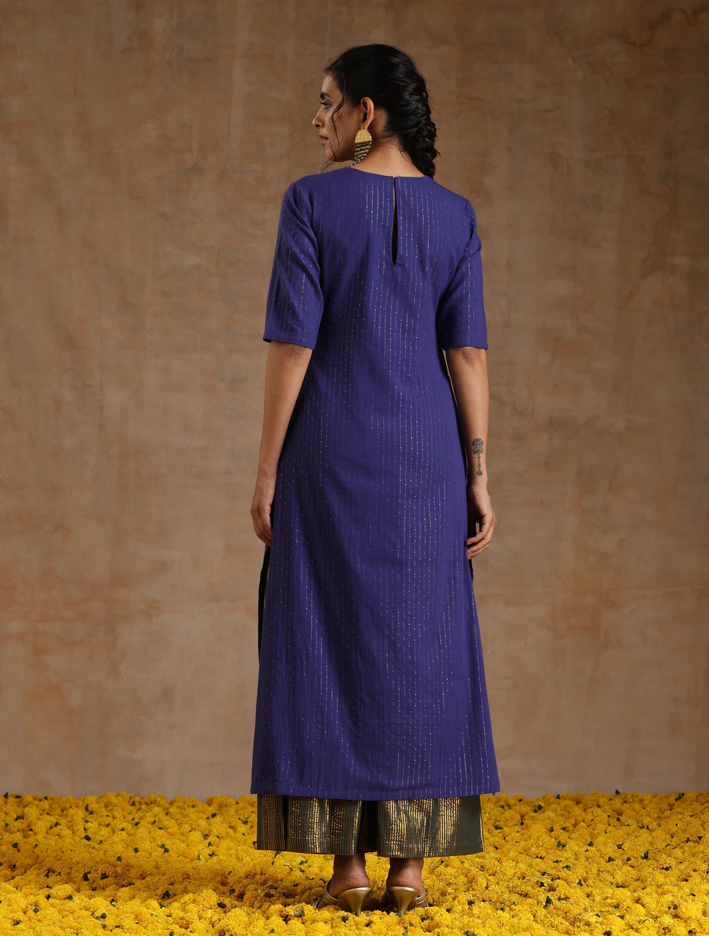 trueBrowns Spectrum Blue Gold Cotton High Slit Kurta Set