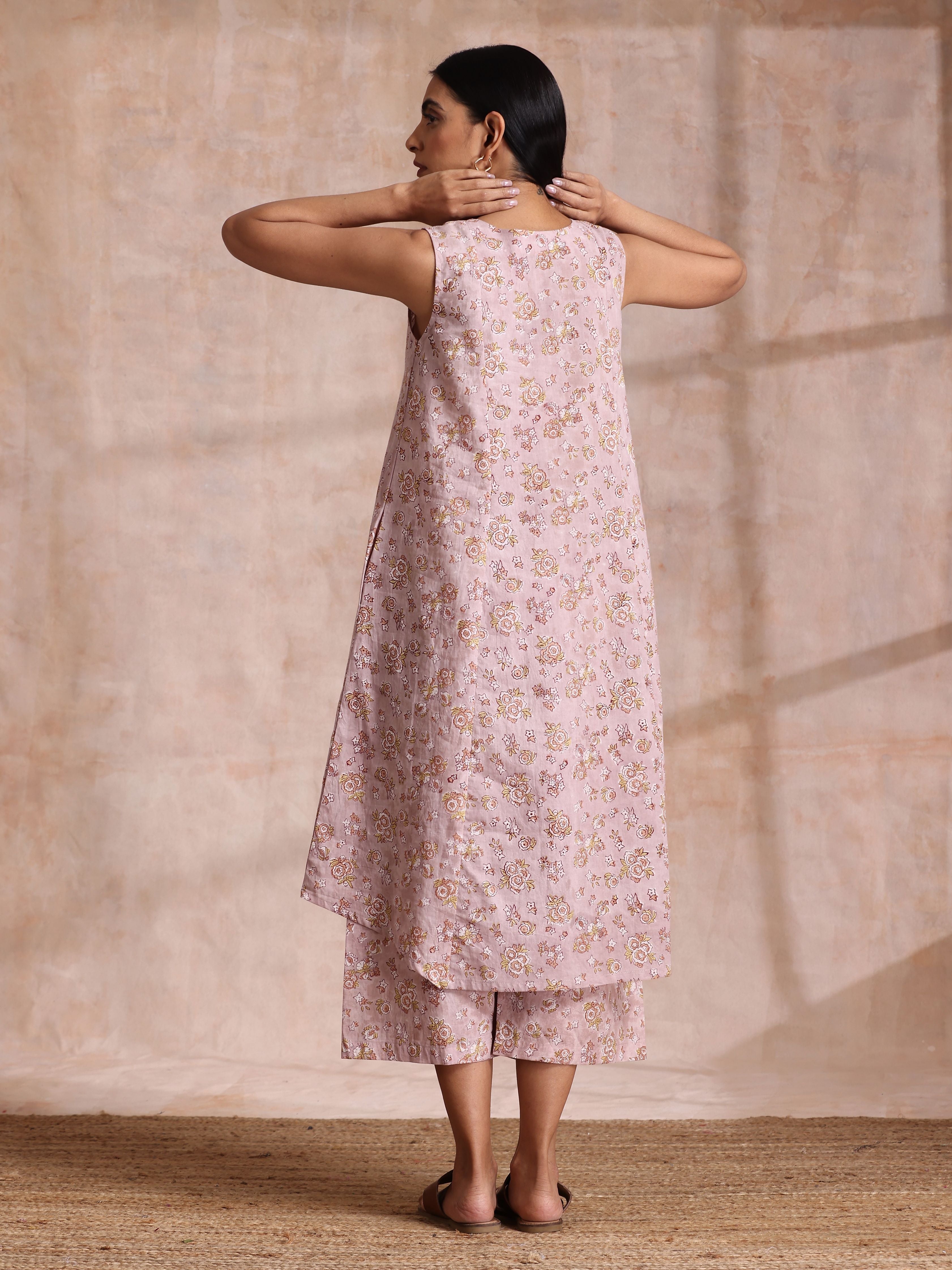 trueBrowns Grey Overall Floral Block Print Cotton High-Low Co-Ord Set