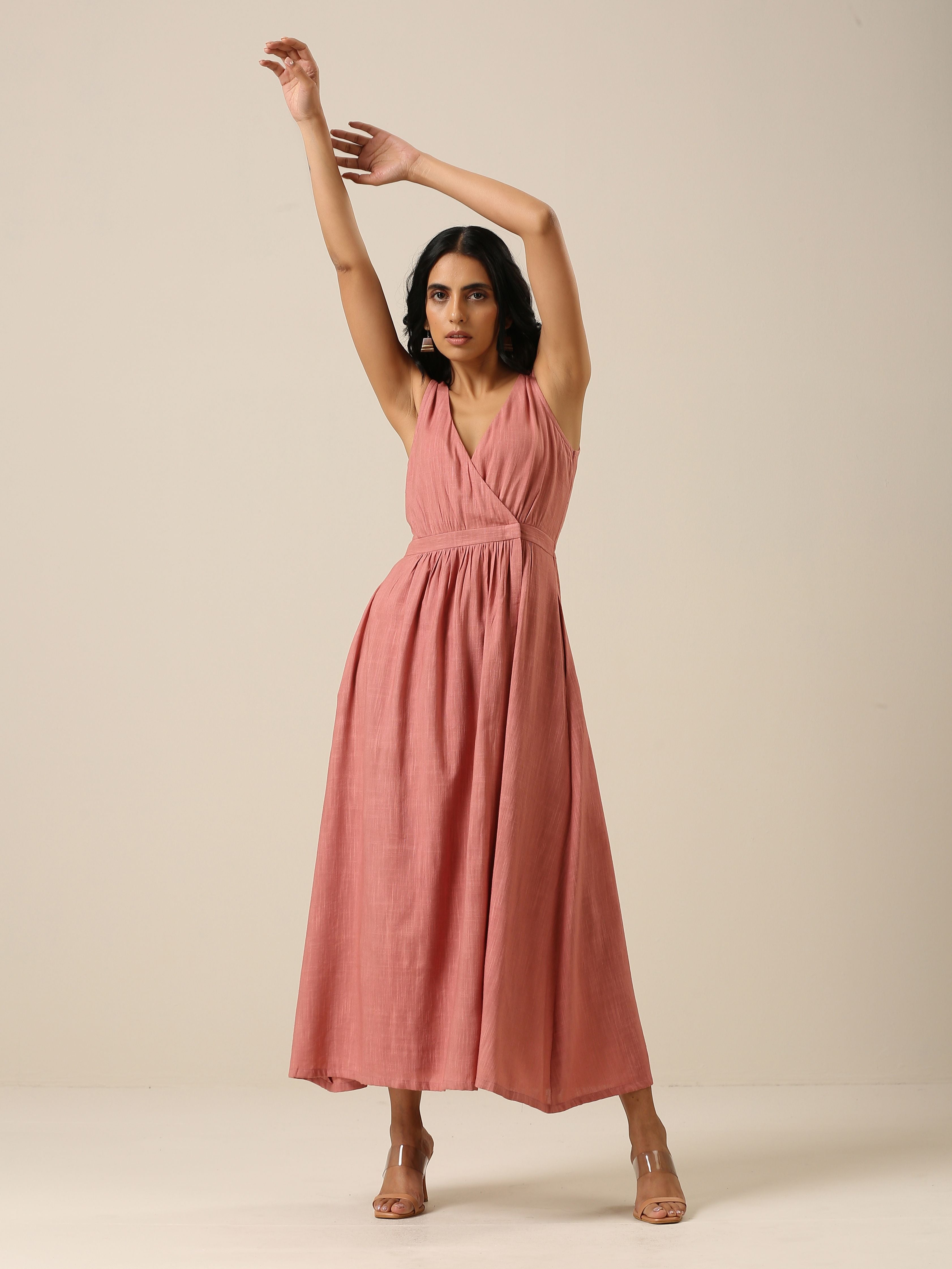 trueBrowns Light Mauve Slub Texture Sleeveless Wrap Dress