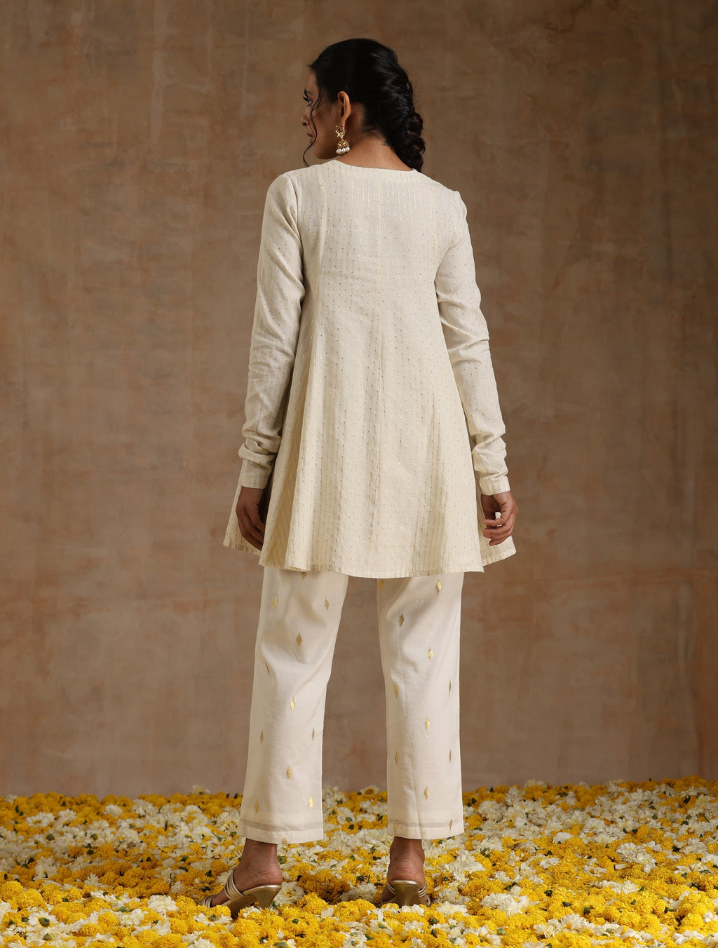 trueBrowns Ivory Gold Cotton Flared Co-Ord Set