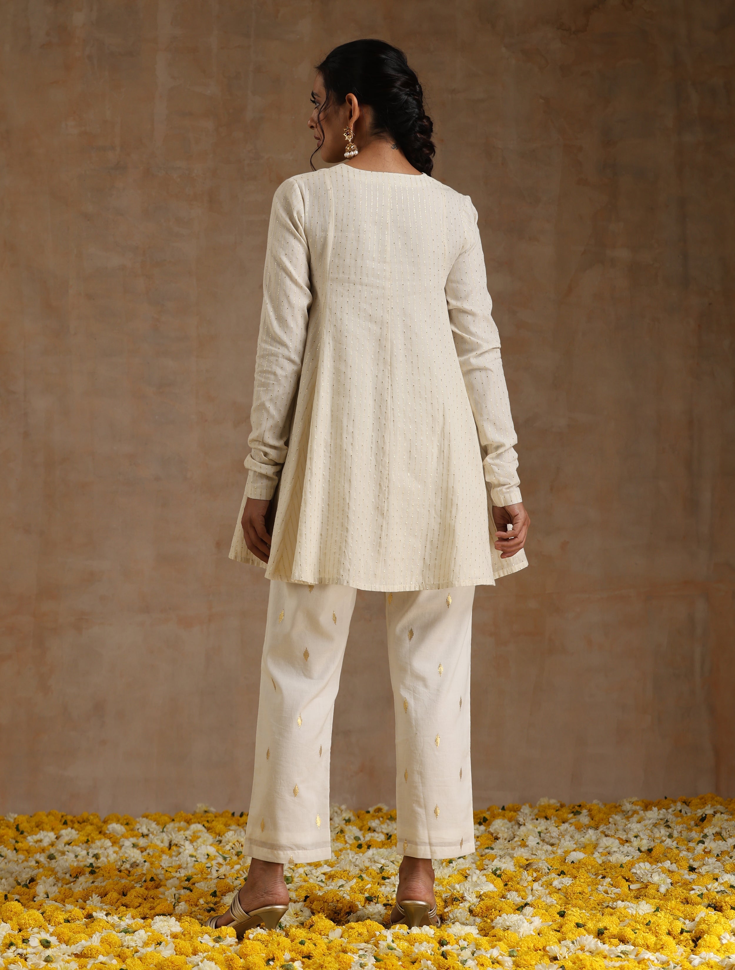trueBrowns Ivory Gold Cotton Flared Co-Ord Set