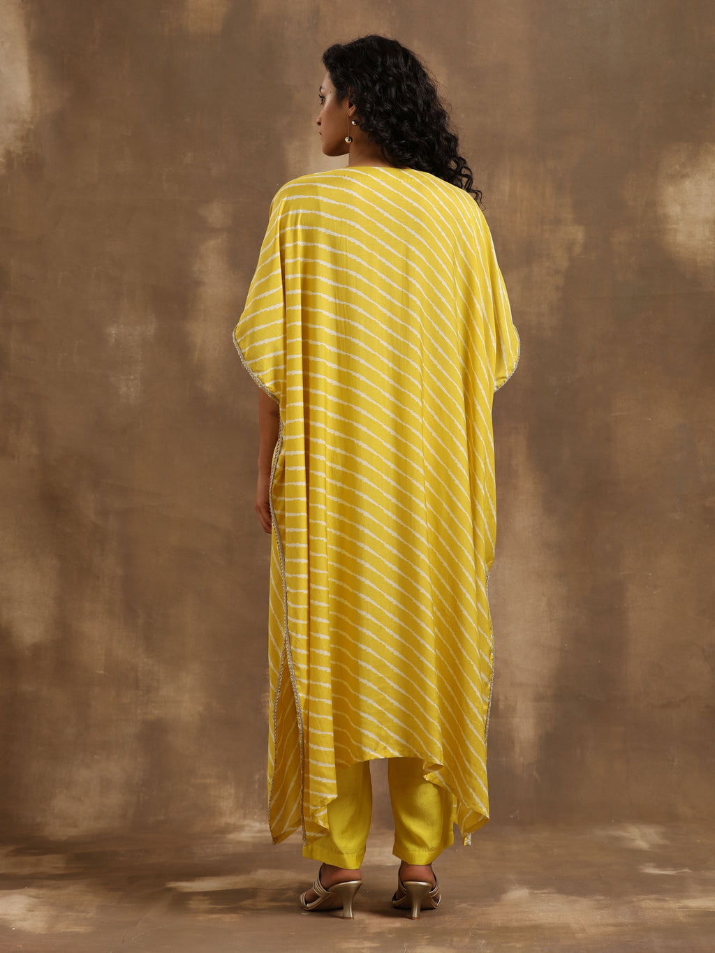 trueBrowns Lime Lehariya Printed Silk Kaftan Pant Set