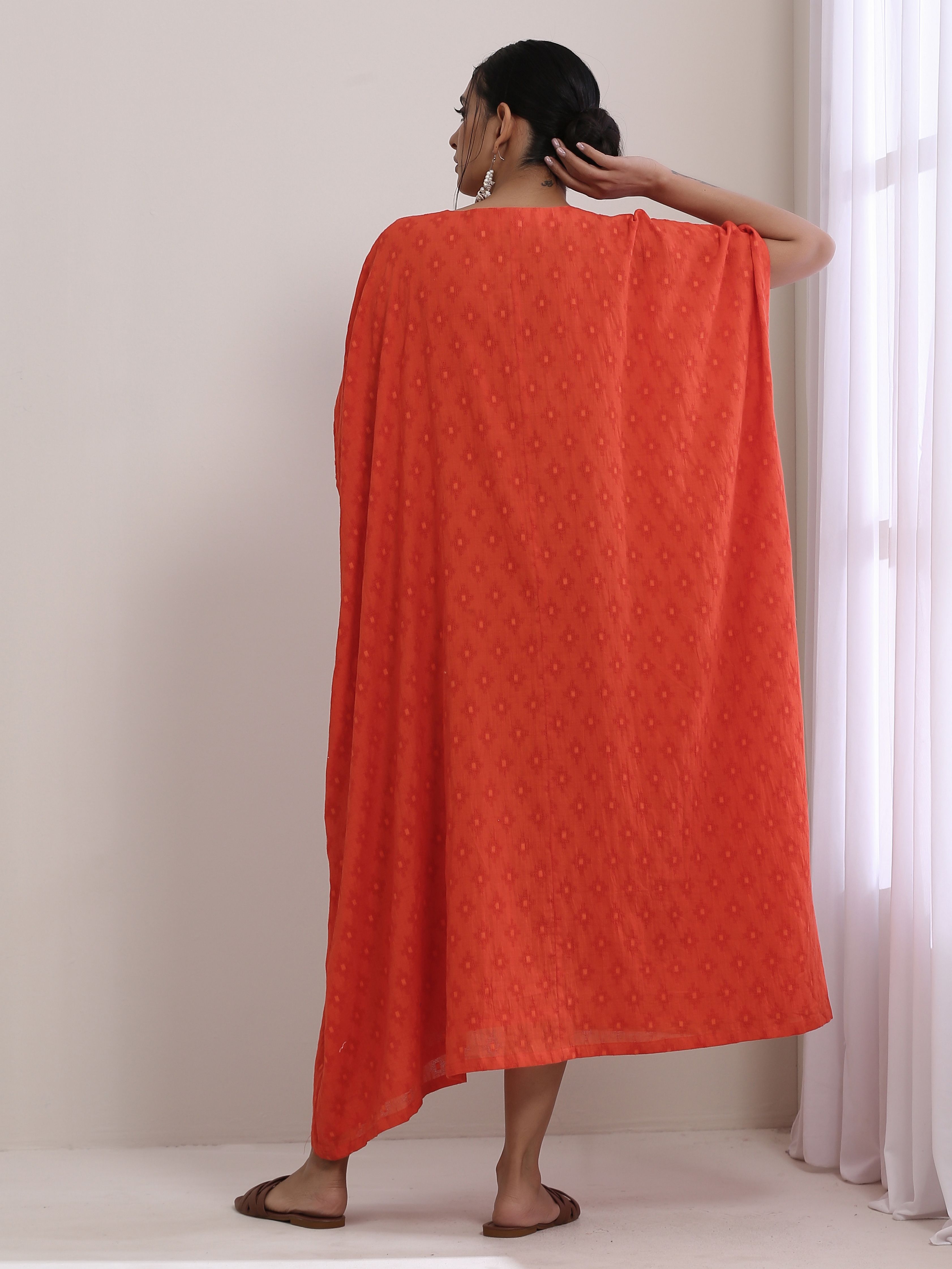 trueBrowns Orange Dobby Panel Kaftan Dress
