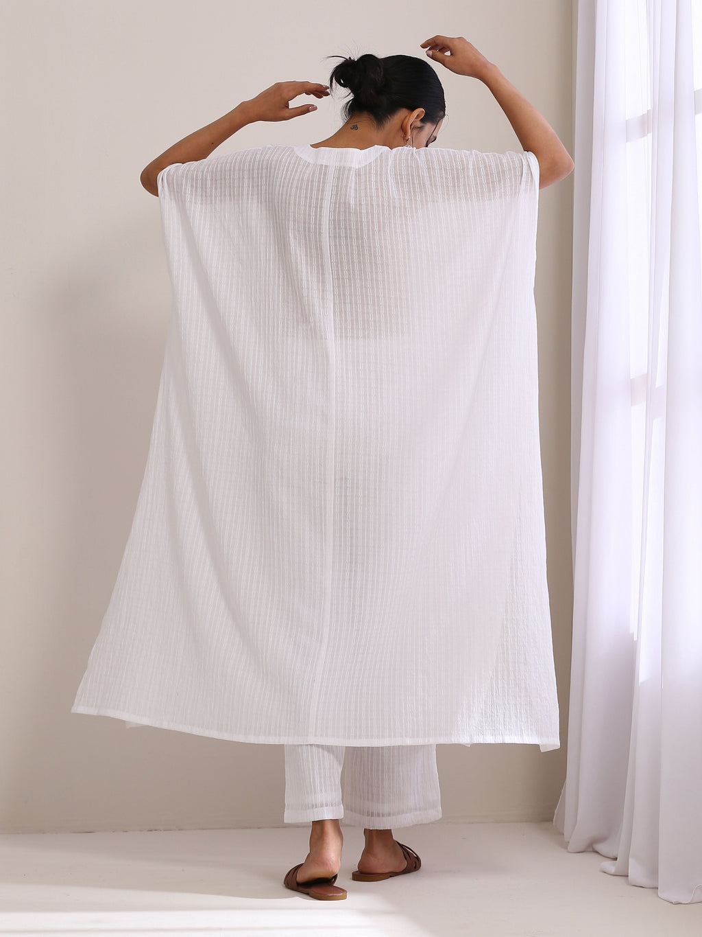 trueBrowns White Dobby Panel Kaftan Kurta Pant Set