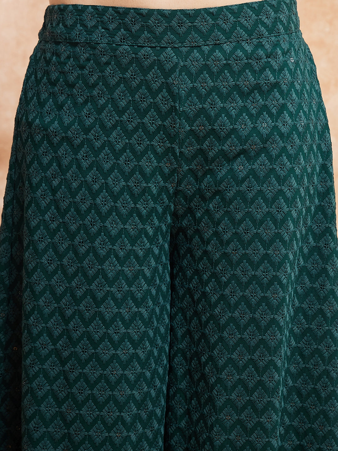 InWeave Women's Forest Green Chikankari Long Anarkali Kurta Sharara Set