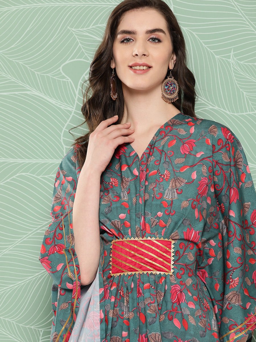 Ahalyaa Women Floral Printed Flared Sleeves Gotta Patti Crepe Kaftan Kurta