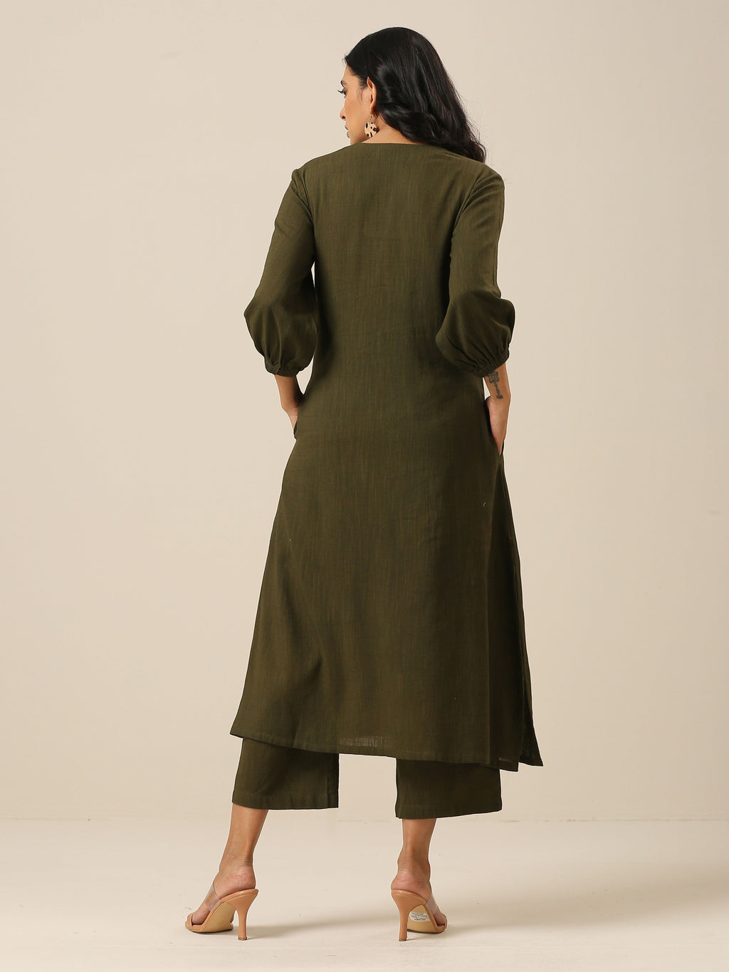 trueBrowns Olive Green Slub Texture Kurta Pant Set
