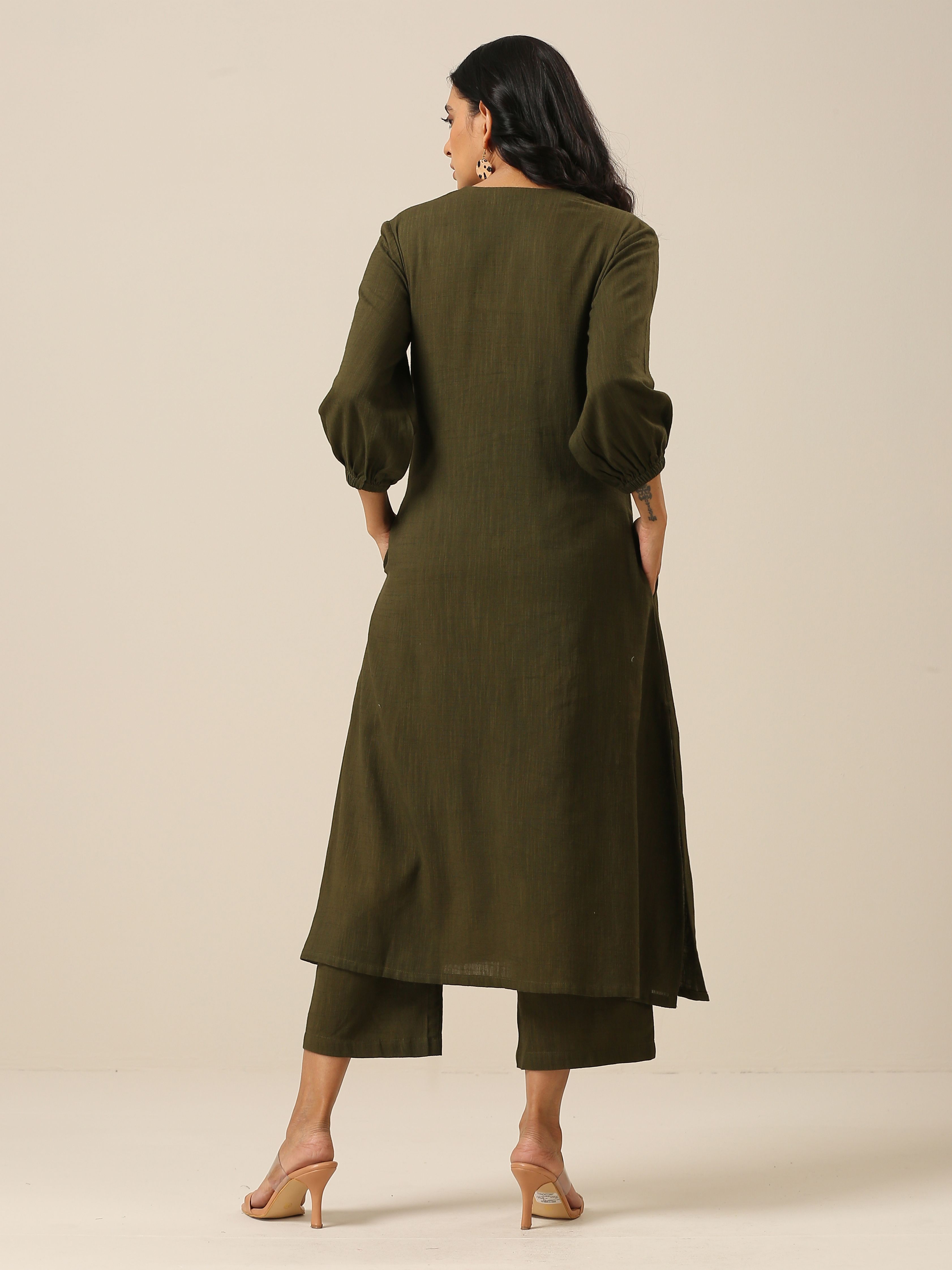 trueBrowns Olive Green Slub Texture Kurta Pant Set