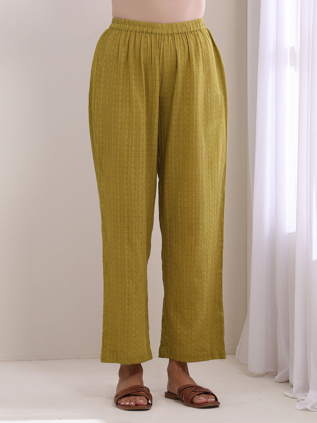 trueBrowns Avacado Green Dobby Flared Slit Kurta Pant Set