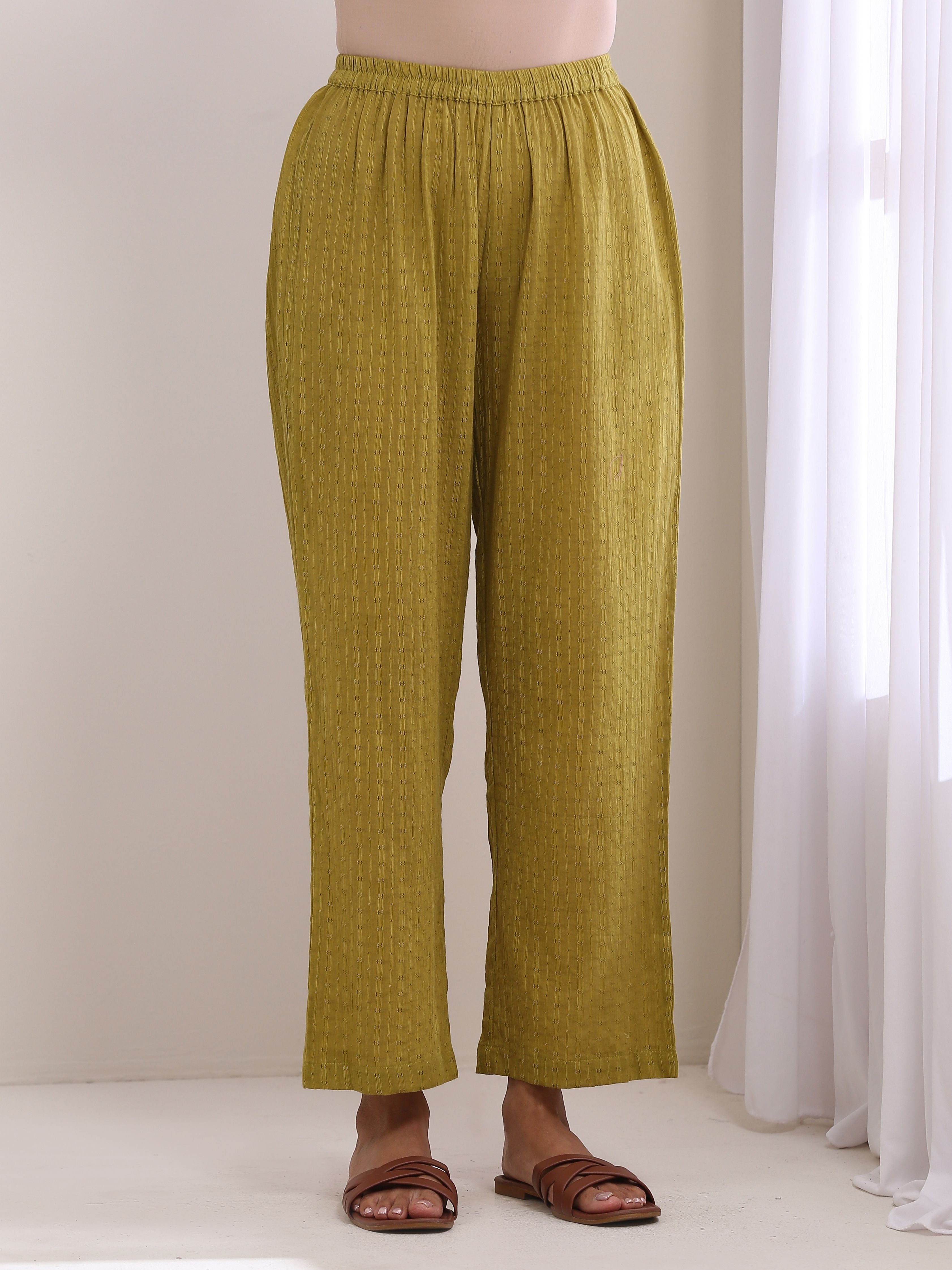 trueBrowns Avacado Green Dobby Flared Slit Kurta Pant Set