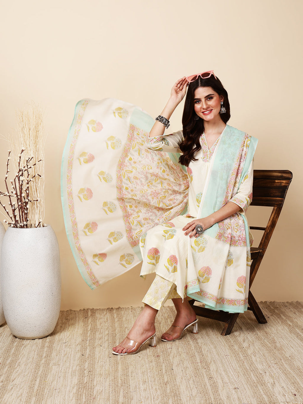 Antaran Cream Pure Cotton Floral Printed Kurta Pant And Dupatta Set