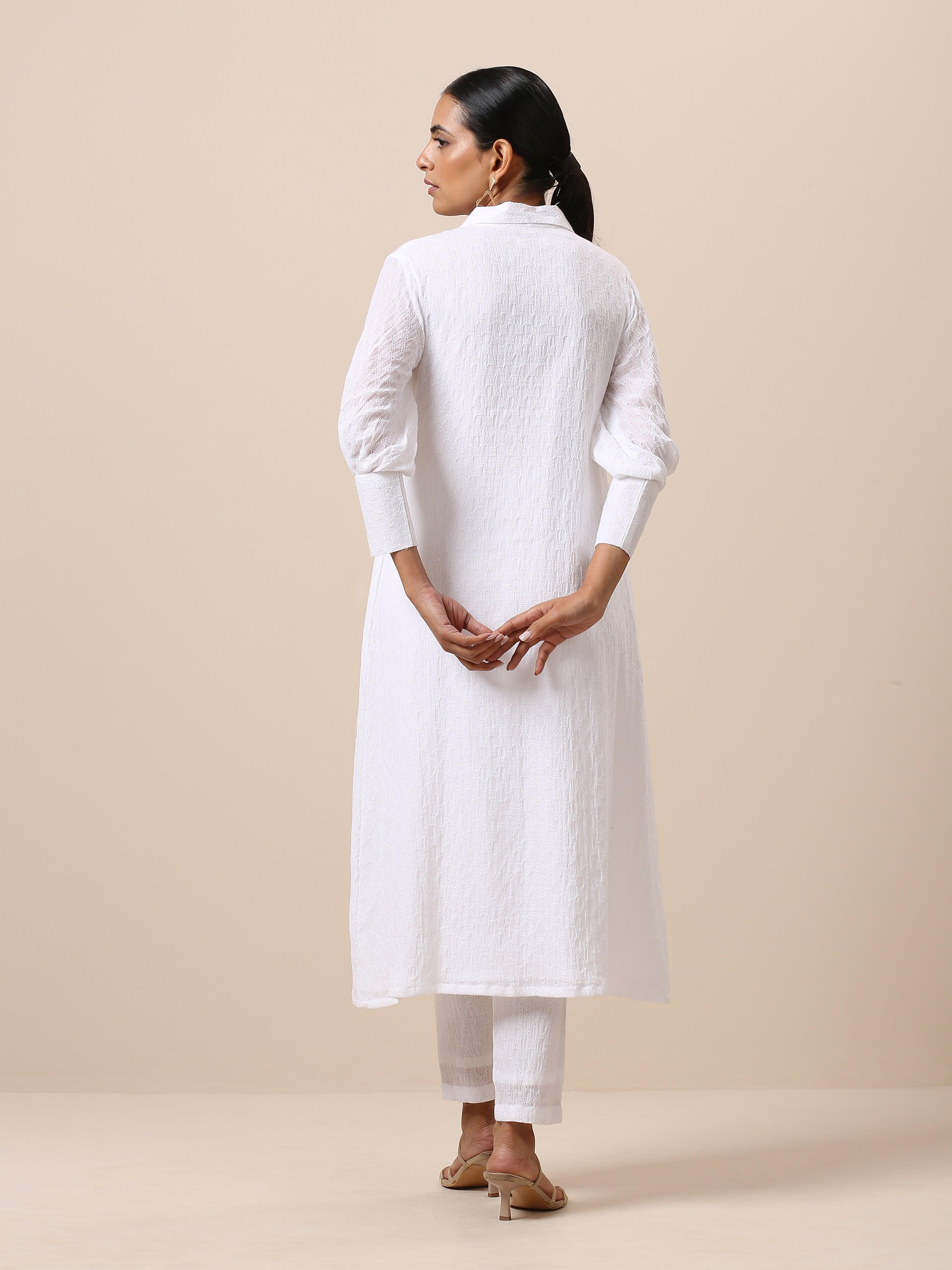trueBrowns Cotton White Weave Collar Kurta Pant Set | Relove