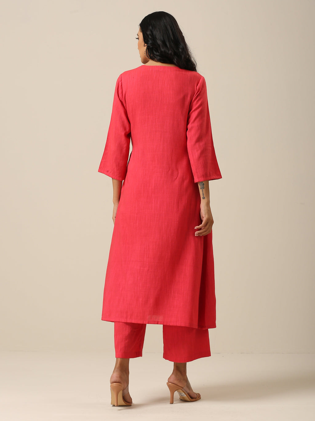 trueBrowns Bright Pink Slub Texture Angrakha Pant Set