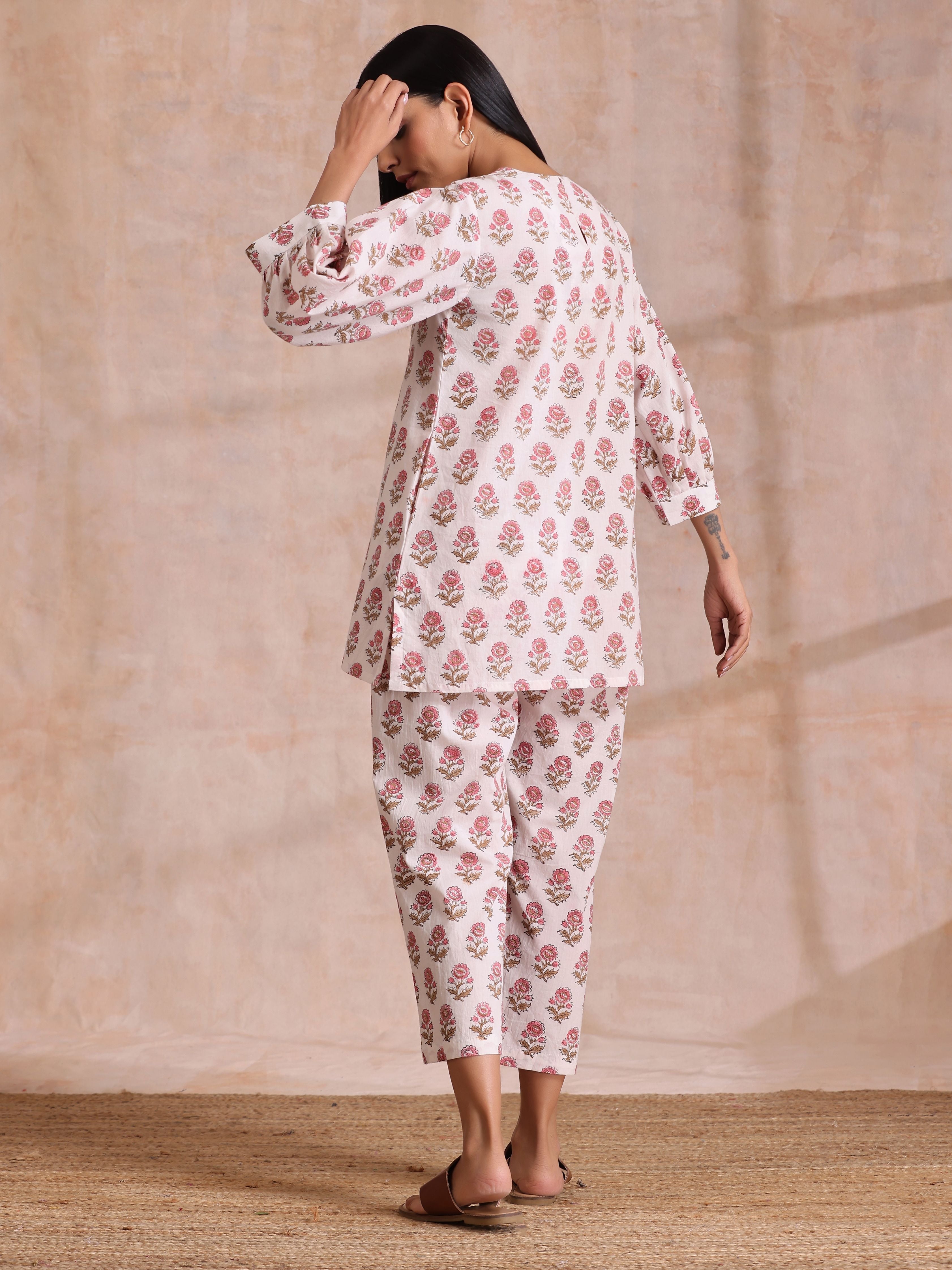 trueBrowns Pink Brown Buta On White Block Print Cotton Baggy Sleeve Co-Ord Set