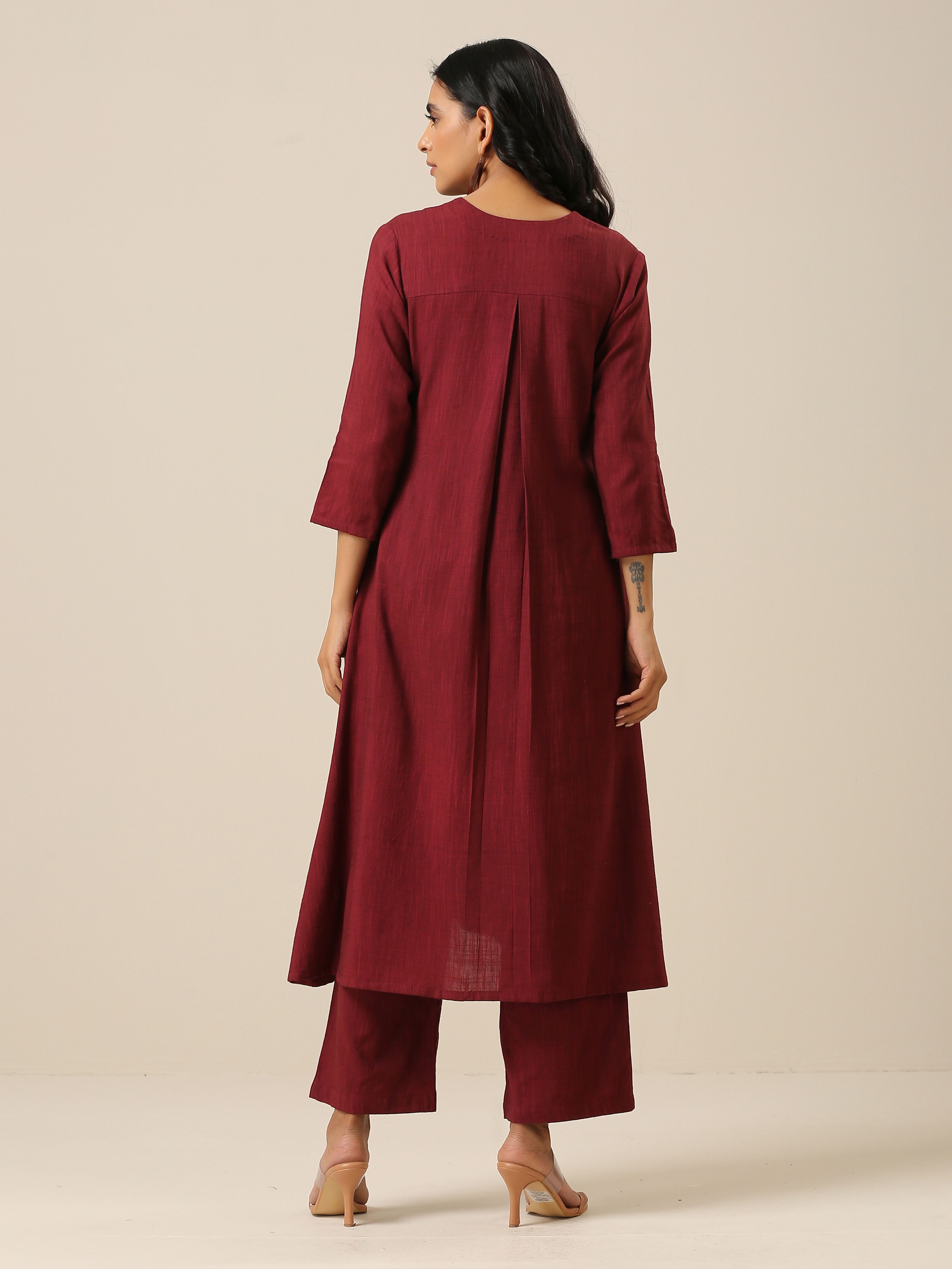 trueBrowns Ruby Wine Slub Texture Back Pleat Kurta Pant Set