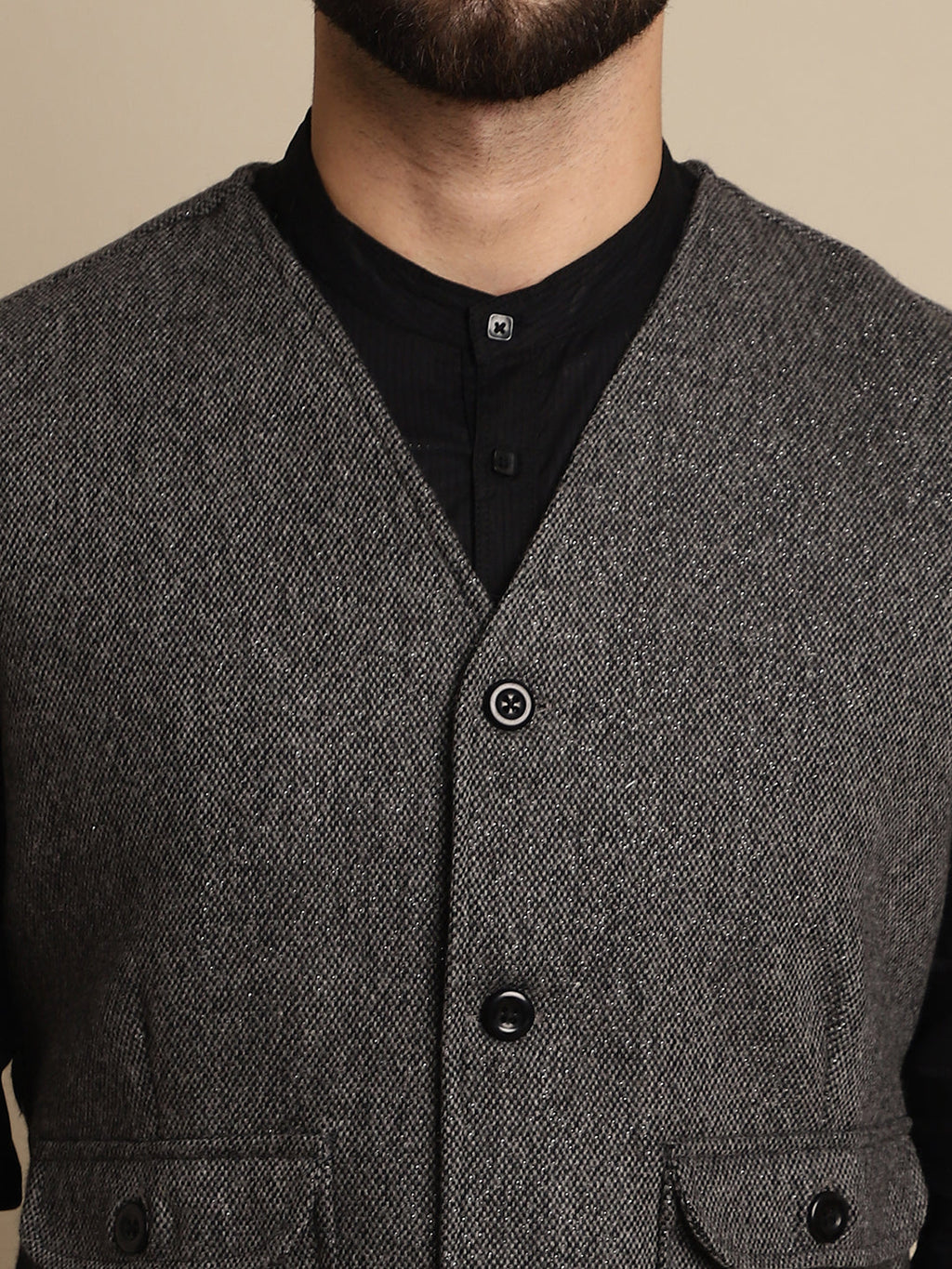Even Apparels Men's Grey Woolen Waistcoat With Patch Pocket