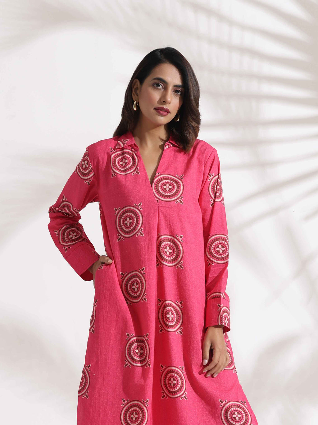 trueBrowns Pink Cotton Print A-line Dress