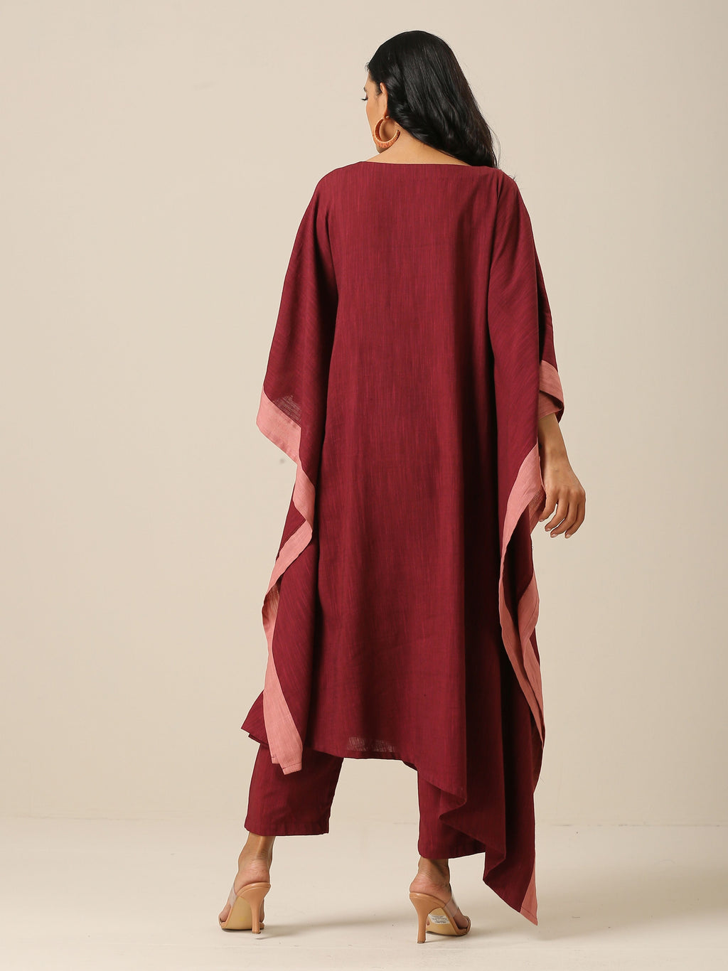 trueBrowns Ruby Wine Slub Texture High Low Kaftan Pant Set