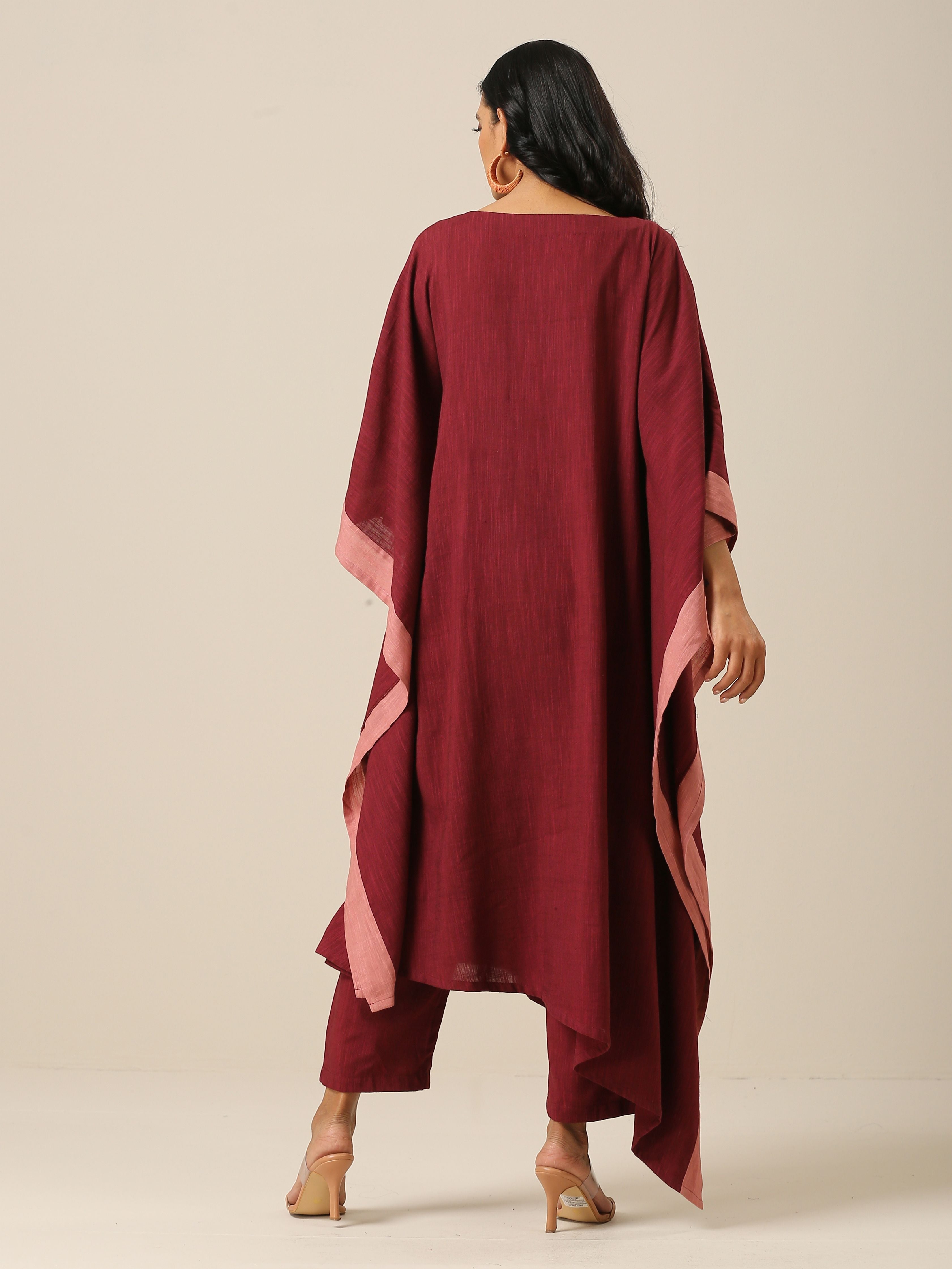 trueBrowns Ruby Wine Slub Texture High Low Kaftan Pant Set
